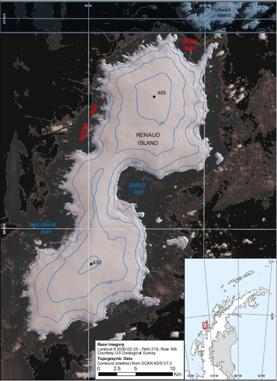Figure 25: Laxon Bay lies in the northwest of the Antarctic Peninsula. Laxon Bay is about 10 km wide and 3 km deep and lies between Palosuo Islands and the west side of Renaud Island, Biscoe Islands. The research of Seymour Laxon pioneered the use of satellite altimetry to measure the gravity field, sea-ice thickness and surface circulation in the polar oceans. His work provided evidence that enabled the development of the CryoSat mission. Giles Bay also lies in the northwest of the Antarctic Peninsula. Giles Bay is about 4 km wide and 3 km deep and lies between Weaver Point and Tula Point at the northern end of Renaud Island, Biscoe Islands. Katharine Gilles' research focussed on sea ice, ocean circulation and wind patterns, and the use of satellite altimetry to measure the thickness of Arctic and Antarctic sea ice [image credit: CPOM (Center for Polar Observation and Modelling), located at the University of Leeds]
