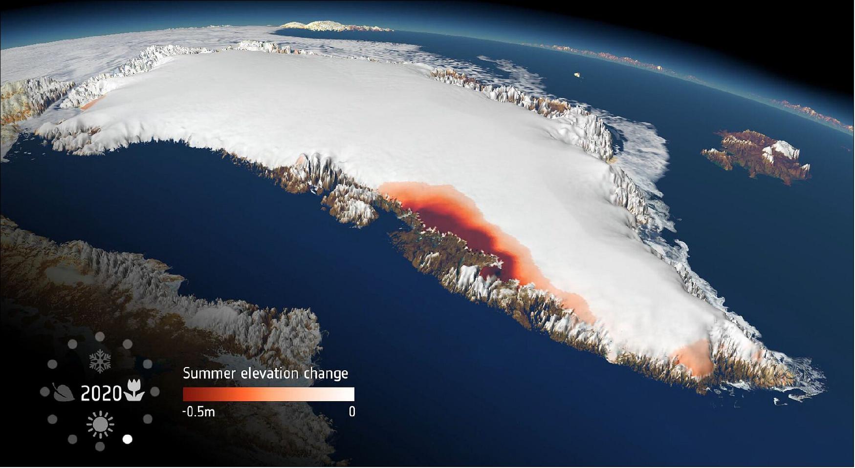 Figure 10: Greenland meltwater runoff. As world leaders and decision-makers join forces at COP26 to accelerate action towards the goals of the Paris Agreement, new research, again, highlights the value of satellite data in understanding and monitoring climate change. This particular new research, which is based on measurements from ESA's CryoSat mission, shows that extreme ice melting events in Greenland have become more frequent and more intense over the past 40 years, raising sea levels and the risk of flooding worldwide (image credit: ESA/Planetary Visions)