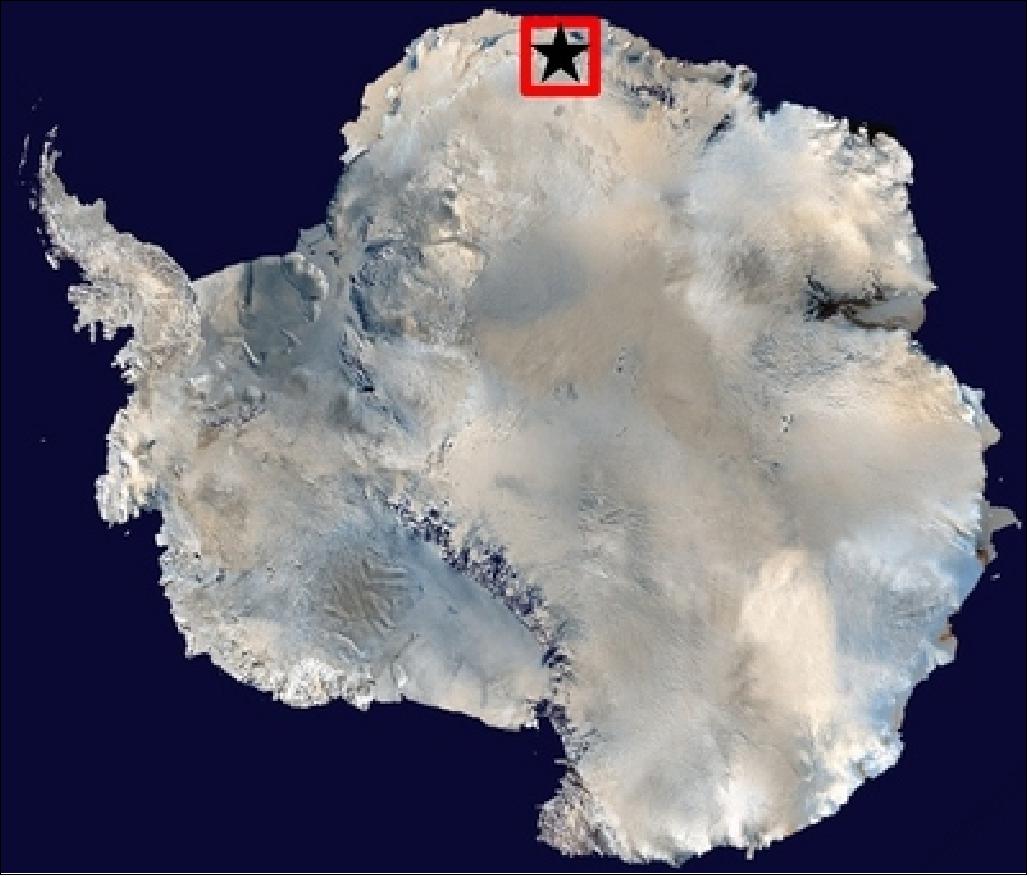 Figure 1: Antarctica showing the location of the blue ice region where validation activities to support ESA's CryoSat mission (image credit: ESA)