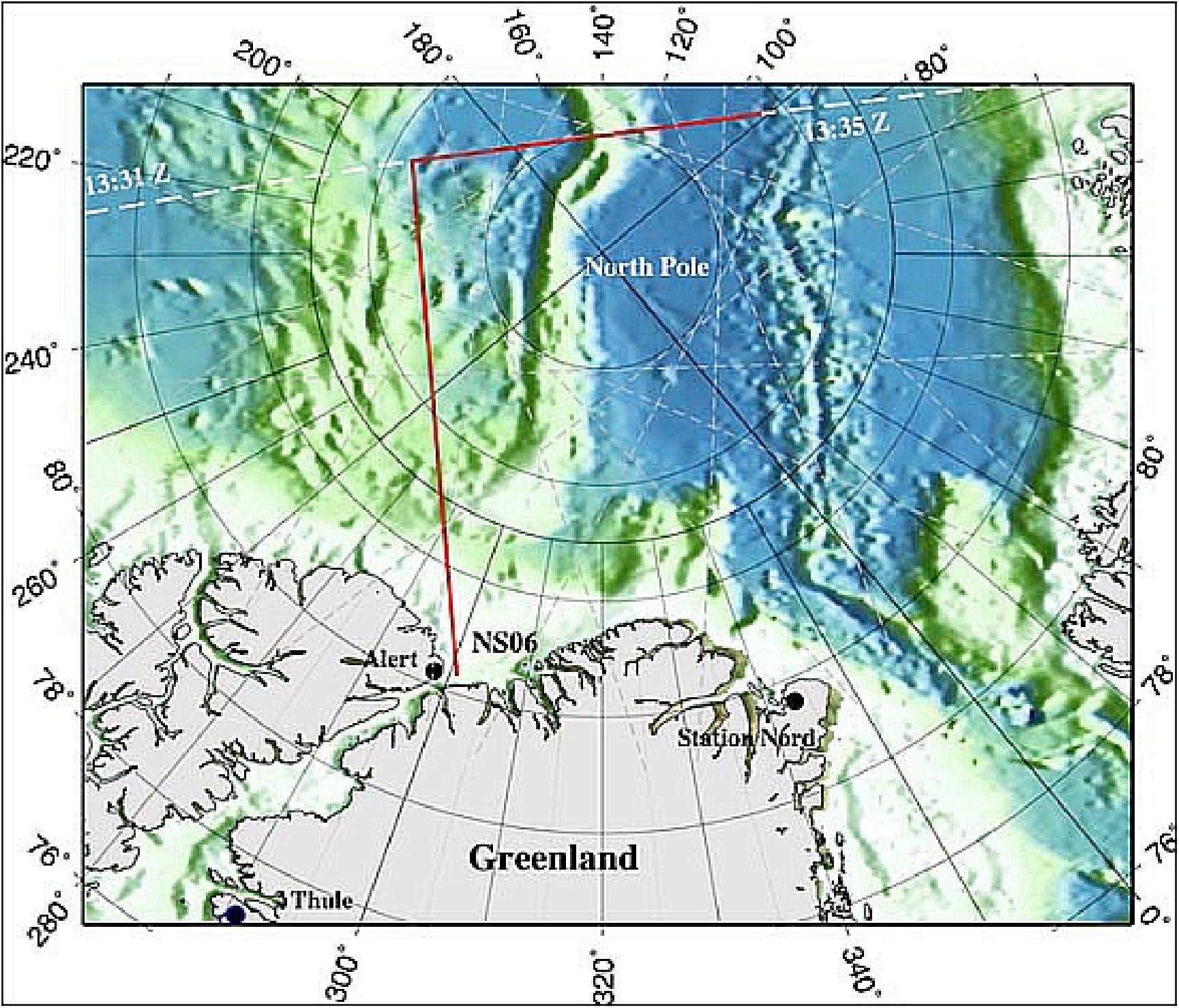 Figure 94: Arctic map showing flight path of Operation IceBridge Sea Ice 07 flight. Upper horizontal portion of red line follows the path of the CryoSat-2 groundtrack flown by the NASA DC-8 (image credit: NOAA, NASA)