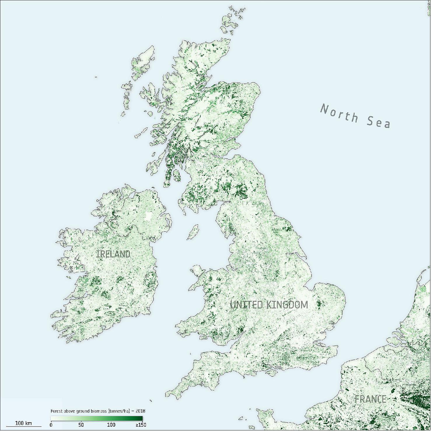 The map of the United Kingdom and Ireland shows the above-ground biomass data from 2018