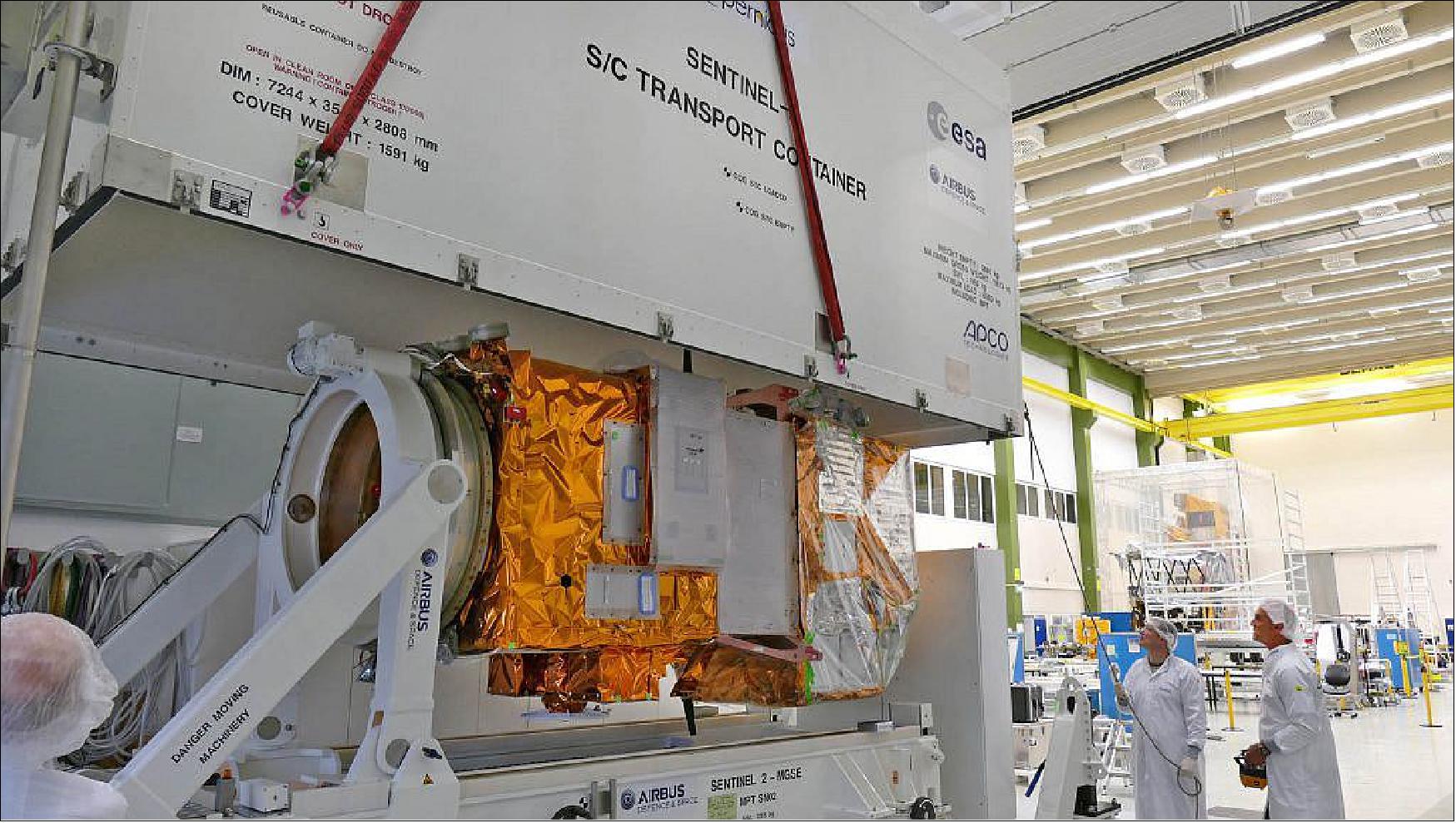 Sentinel-2B being loaded at Airbus Defence and Space’s satellite integration center