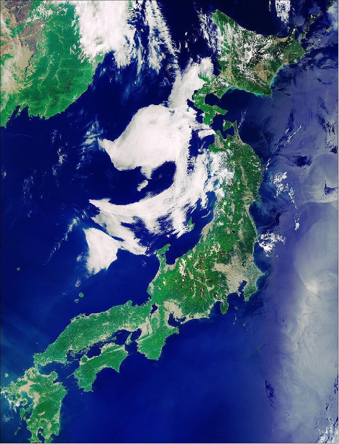 Figure 56: While the archipelago is made up of over 6000 islands, this image focuses on Japan's four main islands. Running from north to south, Hokkaido is visible in the top right corner, Honshu is the long island stretching in a northeast–southwest arc, Shikoku can be seen just beneath the lower part of Honshu, and Kyushu is at the bottom. This image, which was captured on 24 May 2019, is also featured on the Earth from Space video program (image credit: ESA, the image contains modified Copernicus Sentinel data (2019), processed by ESA, CC BY-SA 3.0 IGO)