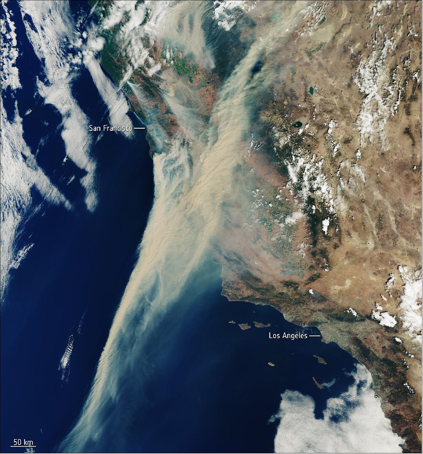 Figure 52: Captured on 19 August 2020, this Copernicus Sentinel-3 image shows the extent of the smoke from fires currently ablaze in California, USA (image credit: ESA, the image contains Copernicus Sentinel (2020), processed by ESA, CC BY-SA 3.0 IGO)