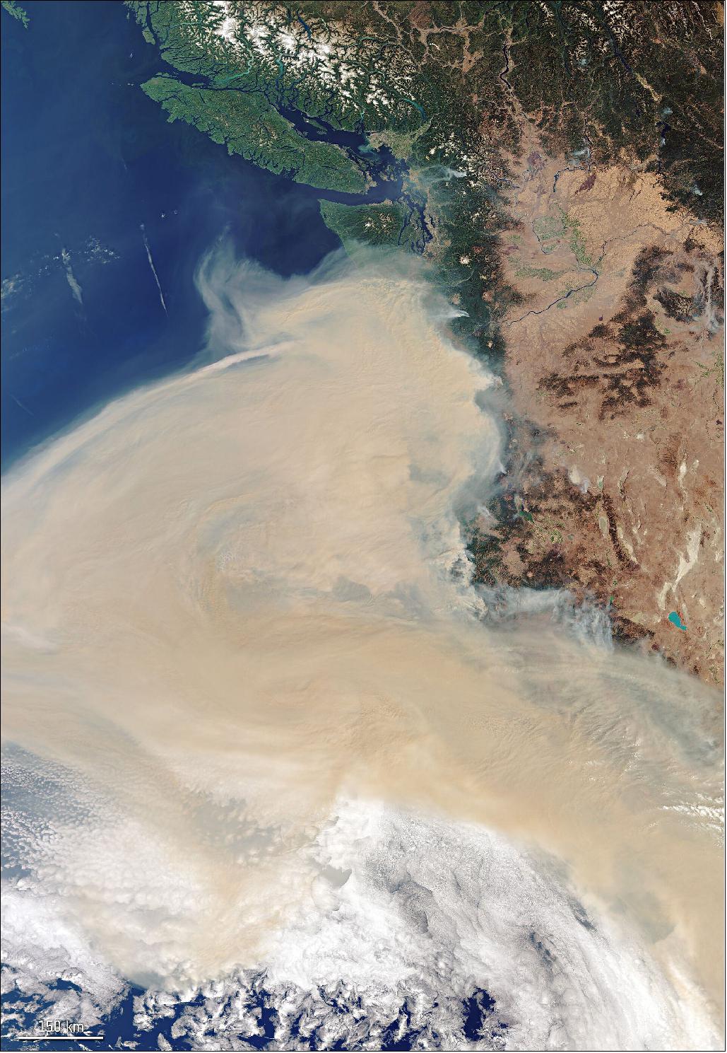 Figure 47: In this image, multiple fires can be seen in the states of California, Washington and Oregon – the areas hit hardest by the blazes – producing the thick plume of smoke which can be seen travelling westwards. Based on additional data from the Copernicus Sentinel-3 mission, as of yesterday, the smoke was visible travelling 2000 km west of the active fires (image credit: ESA, the image contains modified Copernicus Sentinel data (2020), processed by ESA, CC BY-SA 3.0 IGO)