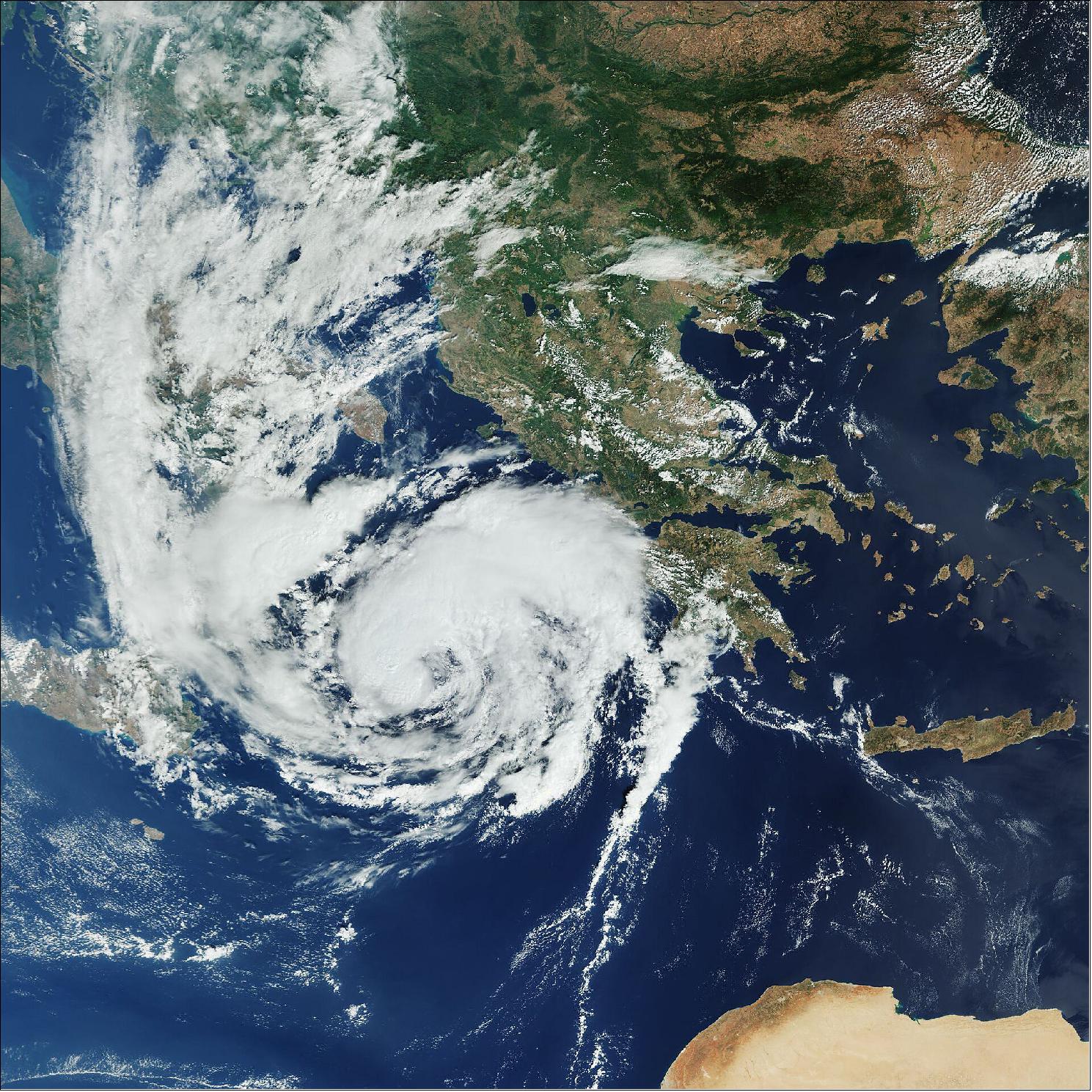Figure 46: The Copernicus Sentinel-3 mission captured this image of the Mediterranean hurricane, or 'Medicane,' crossing the Ionian Sea and approaching Greece yesterday 17 September at 10:48 CEST. Medicane Ianos, set to make landfall over Greece today, is expected to bring hurricane-force winds and heavy rain (image credit: ESA, the image contains modified Copernicus Sentinel data (2020), processed by ESA, CC BY-SA 3.0 IGO)