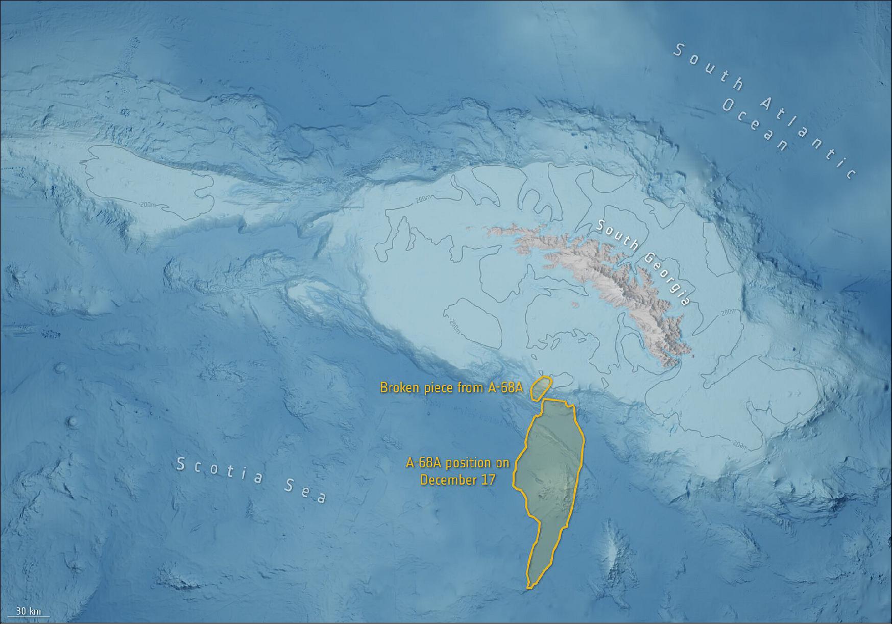 Figure 39: A-68A’s position on 17 December. New images have revealed that the A-68A iceberg has spun around in a clockwise direction, moving one end of the berg closer to the shelf and into shallow waters. In doing so, the berg could have scraped the seafloor, measuring less than 200 m deep, causing an enormous block of ice to snap off the iceberg’s upper tip (image credit: British Antarctic Survey/ESA)