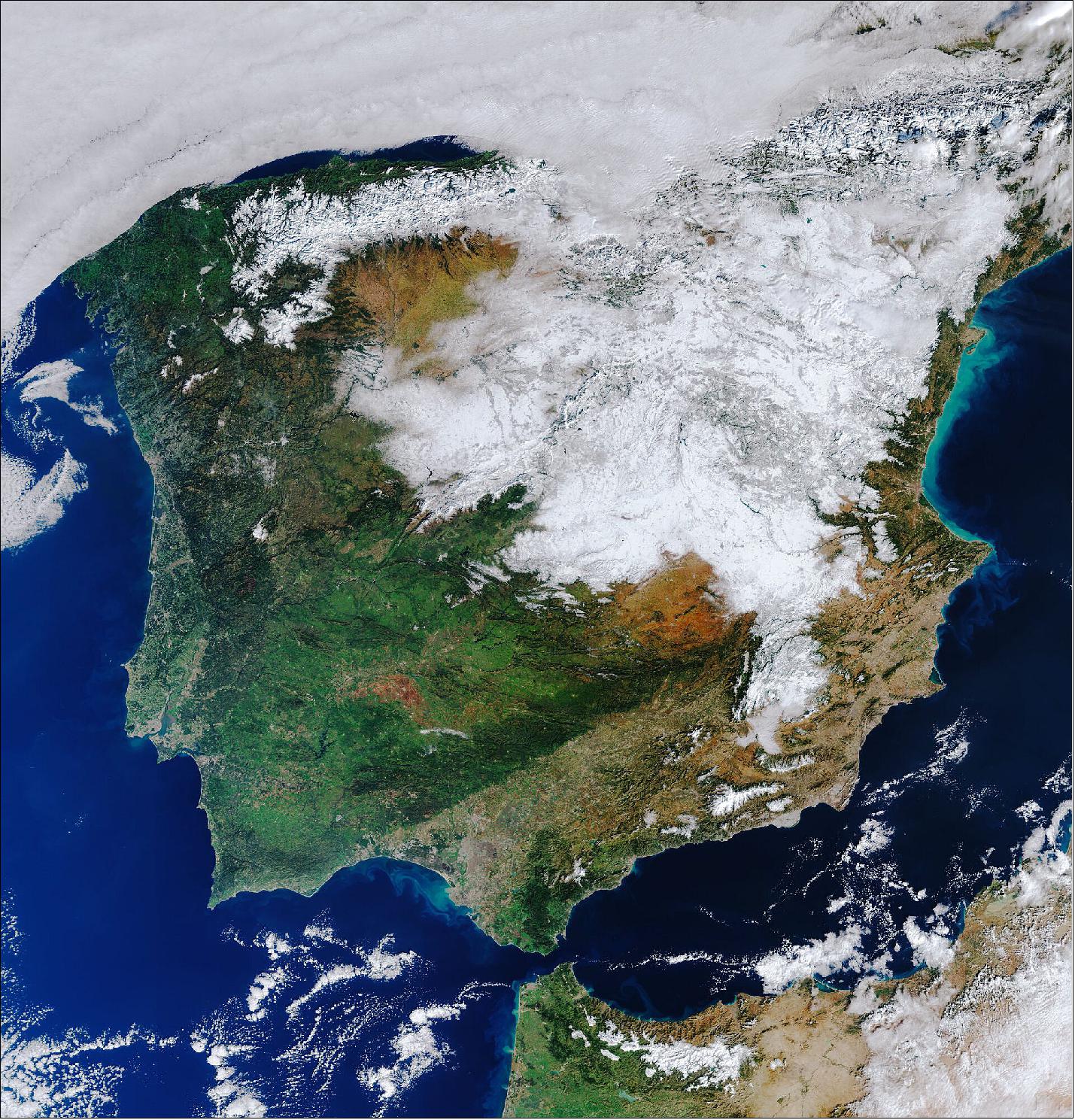 Figure 37: While the idea of snuggling under a blanket in the cold winter months is very appealing, the blanket that covers half of Spain is not remotely comforting. This satellite image, captured on 12 January at 11:40 CET, shows how much of the country is still facing hazardous conditions following the snow that fell at the weekend – the heaviest snowfall the country has had in five decades (image credit: ESA, the image contains modified Copernicus Sentinel data (2021), processed by ESA, CC BY-SA 3.0 IGO)
