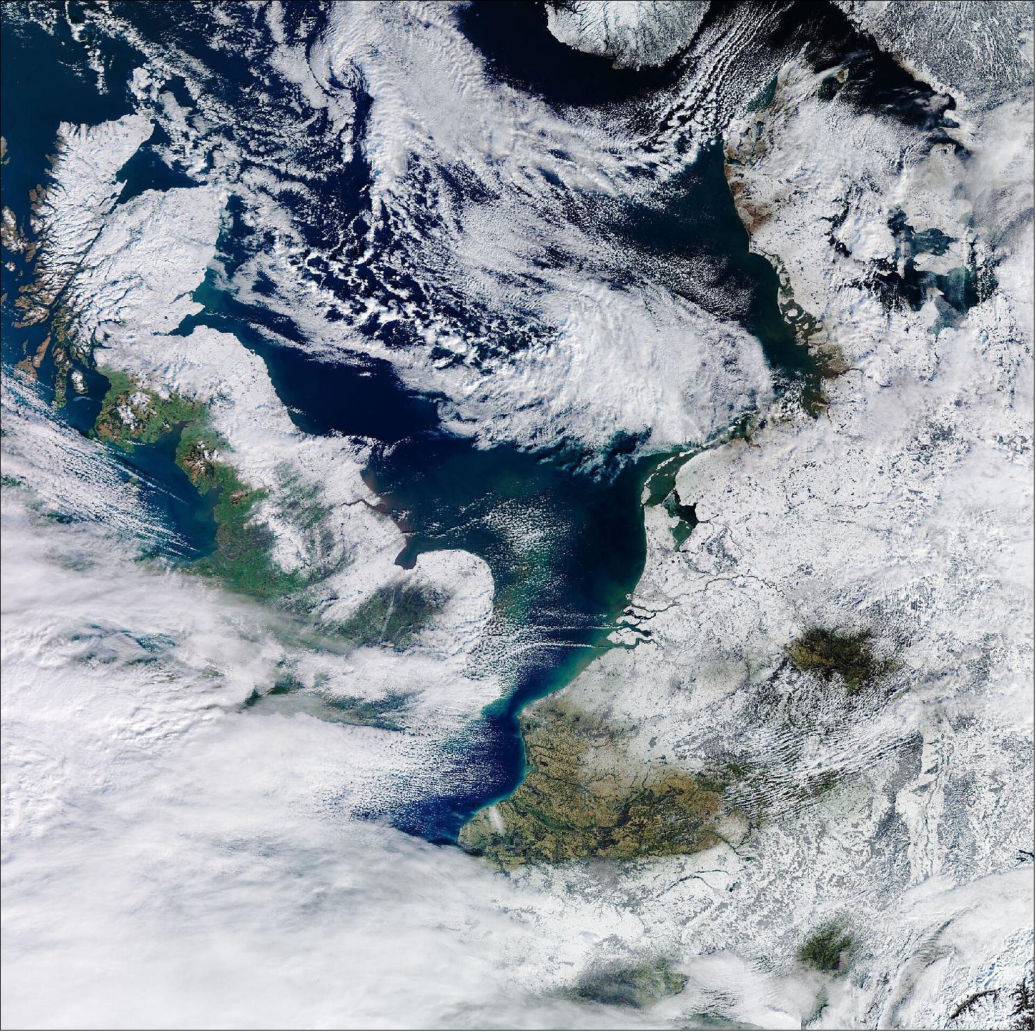 Figure 36: As this image captured today, 11 February, by Copernicus Sentinel-3 shows, the Netherlands remains pretty much snow-covered thanks to days of sub-zero temperatures following the country’s first major snowstorm in a decade (image credit: ESA, the image contains modified Copernicus Sentinel data (2021), processed by ESA, CC BY-SA 3.0 IGO)