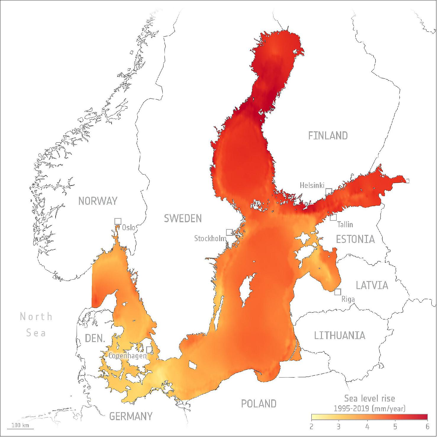 Figure 27: The map shows mean sea-level rise in the North and Baltic Sea (millimeters per year), calculated using satellite altimetry data between 1995 and 2019 (image credit: TUM/ESA)