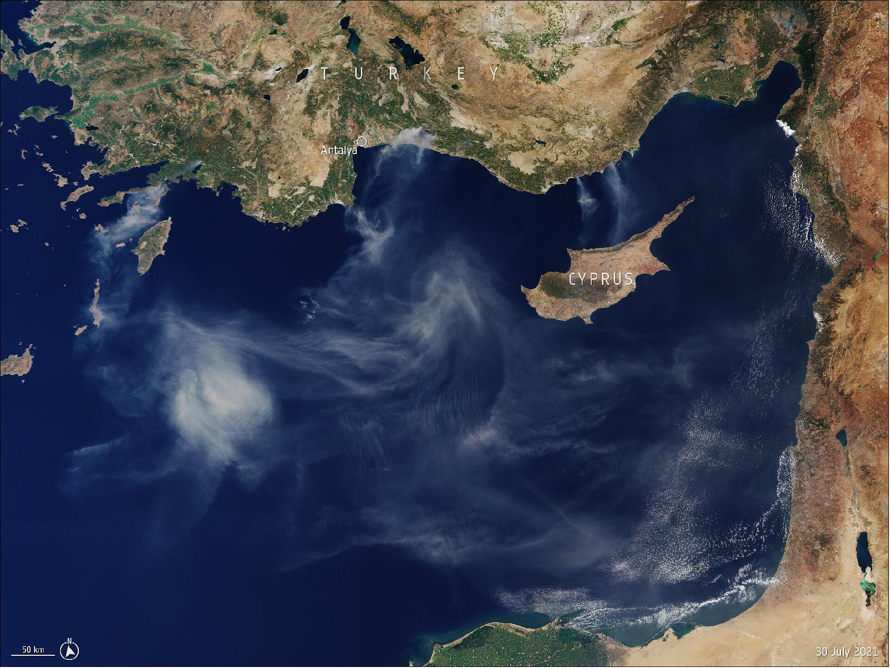 Figure 25: Smoke billows from fires in Turkey observed by the Sentinel-3 mission. Over the weekend, tourists and local residents had to be evacuated from Bodrum and Marmaris, with some fleeing by boat as the flames crept closer to the shoreline (image credit: ESA, the image contains modified Copernicus Sentinel data (2021), processed by ESA, CC BY-SA 3.0 IGO)