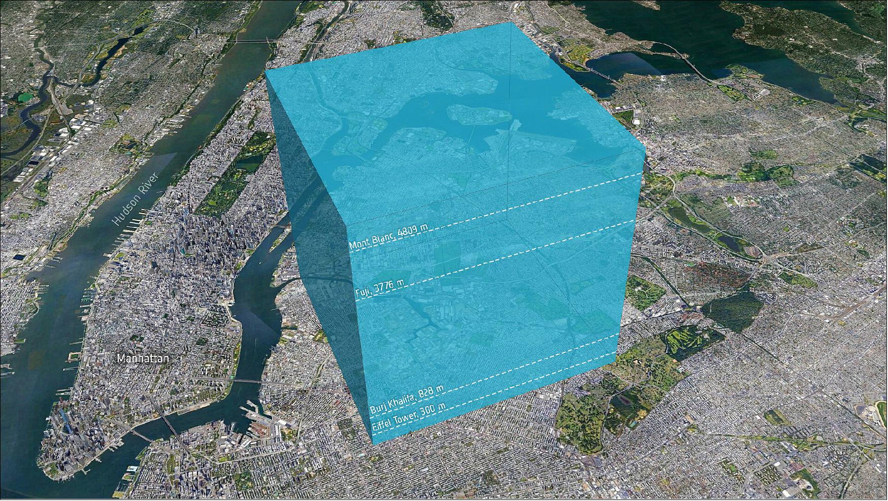 Figure 22: Visualising the amount of freshwater released from A-68A. The image here shows just how much water this is: a cube measuring approximately 5.3 x 5.3 km positioned over Manhattan (image credit: CPOM/ESA/Google basemap)