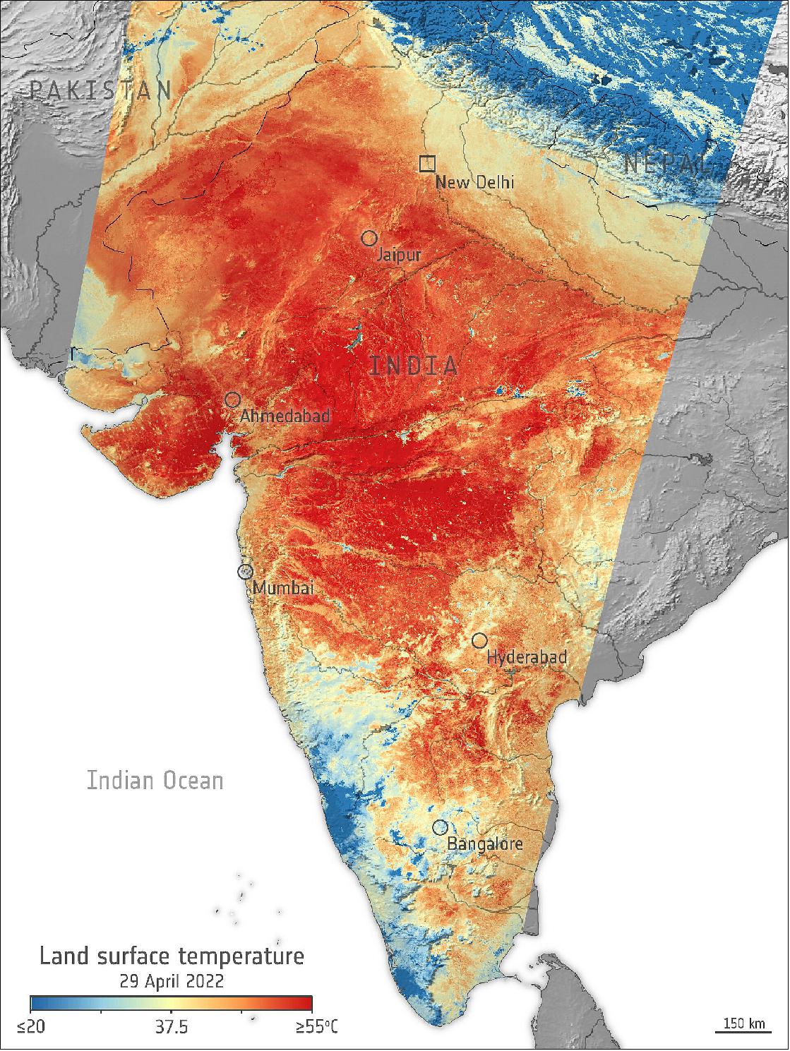 Figure 19: India is currently facing a prolonged heatwave, with temperatures exceeding 42°C in numerous cities across the country. The map was generated by using the mission’s Sea and Land Surface Temperature Radiometer instrument. While weather forecasts use predicted air temperatures, this satellite instrument measures the real amount of energy radiating from Earth. Therefore, the map shows the actual temperature of the land’s surface pictured here, which is usually significantly hotter than air temperatures(image credit: ESA, the image contains modified Copernicus Sentinel data (2022), processed by ESA, CC BY-SA 3.0 IGO )