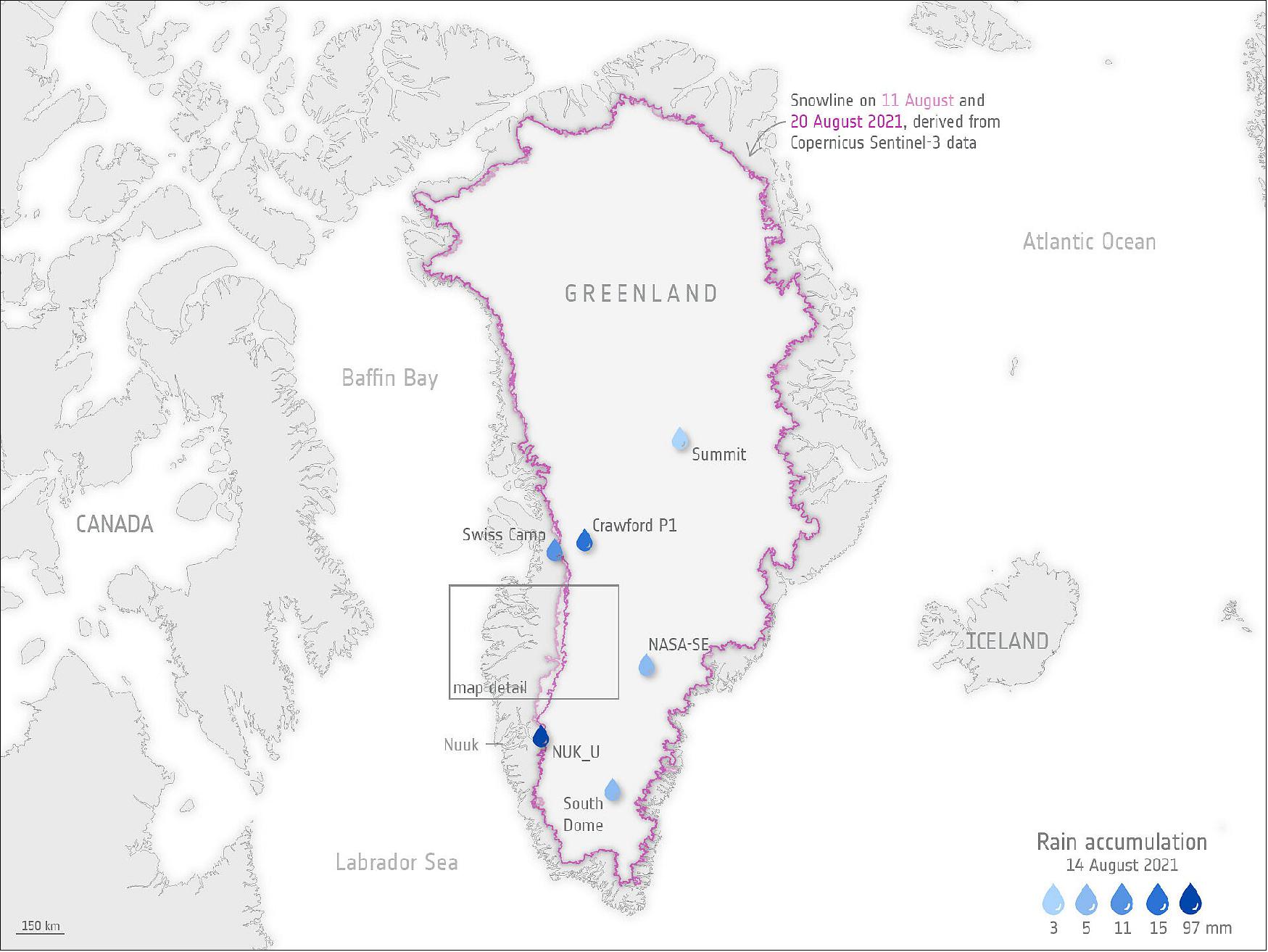 Figure 17: Greenland snowline retreat and rainfall. In the summer of 2021, unusually warm atmospheric rivers swept along Greenland, bringing potent melt conditions when the melt season was drawing to a close. Although this heatwave was followed by never-before-seen rainfall, it was the heat that led to a major melt. Researchers found that this melt, for example, caused Greenland’s ice sheet near Kangerlussuaq to retreat by 788 metres, exposing a wide area of dark bare ice. The map is based on observations from the Copernicus Sentinel-3 mission to show the snowline retreat between 11 August and 20 August 2021, and from GEUS’ PROMICE and GC-Net weather stations to show rainfall. Click here to see the zoom in indicated by the grey square over southwest Greenland.