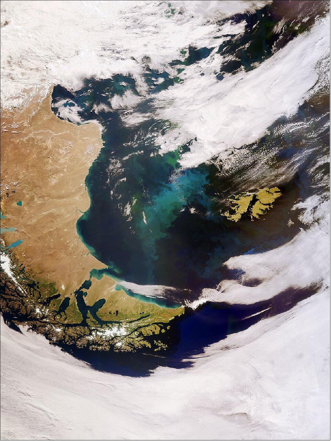 Figure 15: This week's edition of the Earth from Space programme features an impressive, wide-angled view of Patagonia and the Falkland Islands, captured by the Copernicus Sentinel-3 mission. This image is also featured on the Earth from Space video programme. (image credit: ESA)