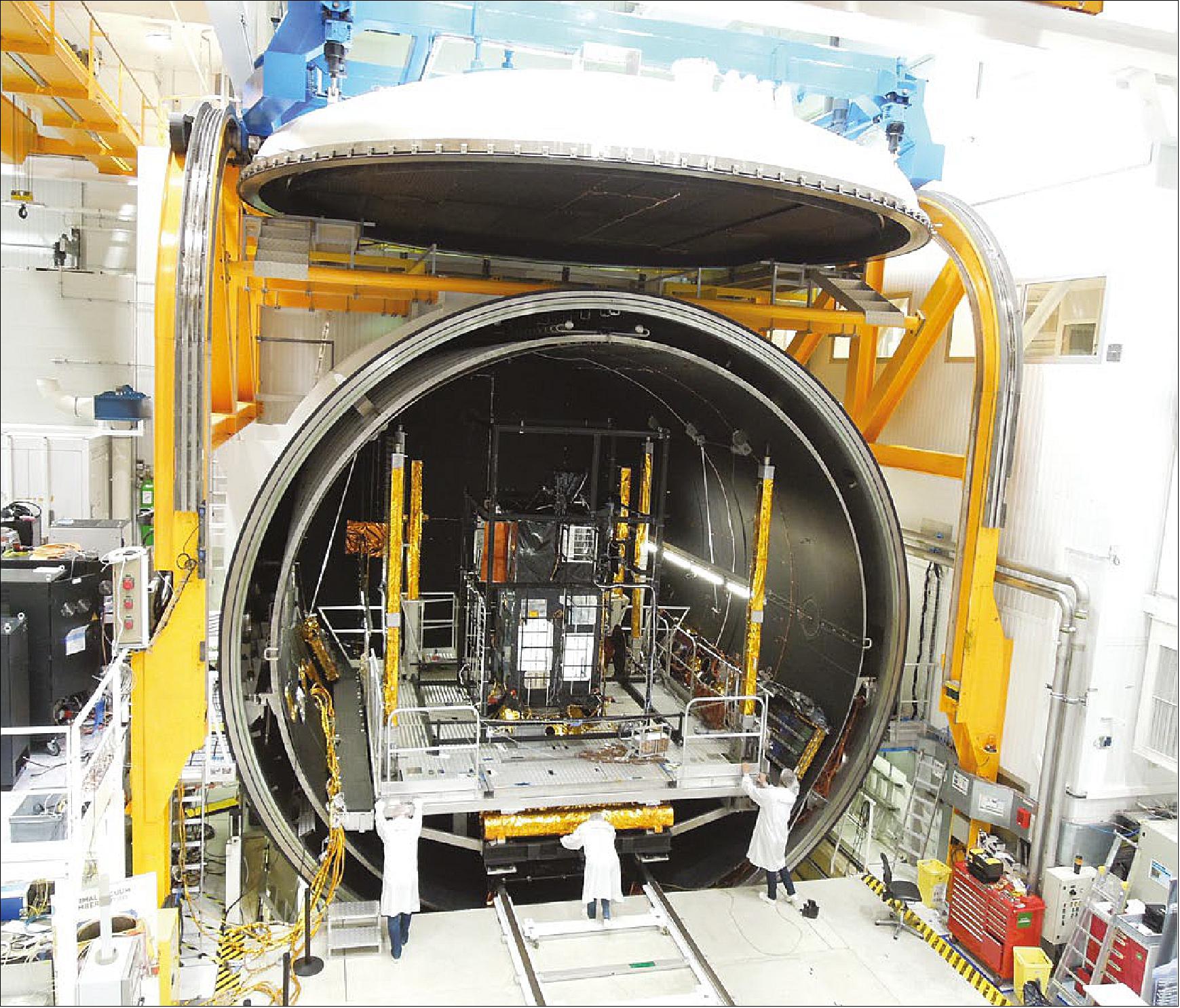 Figure 10: Sentinel-3B being placed in the thermal/vacuum chamber in Cannes, France (image credit: Thales Alenia Space)