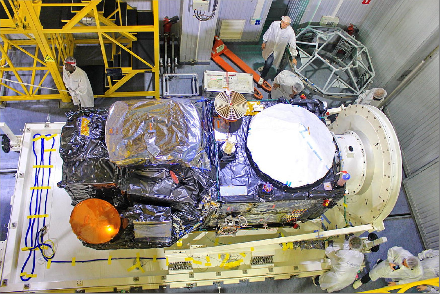 Figure 9: Following its arrival at Russia’s Plesetsk launch site, the Copernicus Sentinel-3B satellite has been removed from its transport container. The satellite will now be prepared for liftoff, scheduled for 25 April 2018. Its identical twin, Sentinel-3A, has been in orbit since February 2016. The two-satellite constellation offers optimum global coverage and data delivery. The mission has been designed to measure systematically Earth’s oceans, land, ice and atmosphere to monitor and understand large-scale global dynamics. It will provide essential information in near-realtime for ocean and weather forecasting (image credit: ESA)