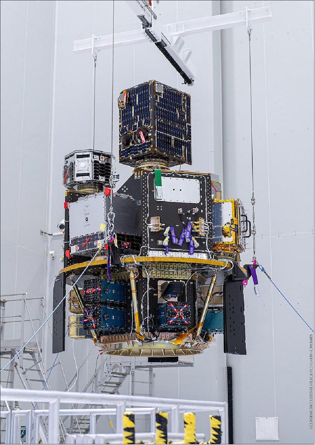 Figure 8: Technicians at the Guiana Space Center lift a stack of 53 small spacecraft for attachment to the Vga rocket’s payload adapter (image credit: ESA/CNES/Arianespace – Photo Optique Video du CSG – JM Guillon)