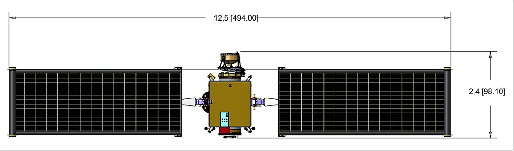 Figure 7: Overview of the DART spacecraft with the Roll Out Solar Arrays (ROSA) extended. With the ROSA arrays fully deployed, DART measures 12.5 meters (494 inches) by 2.4 meters (98.1 inches), image credit: NASA