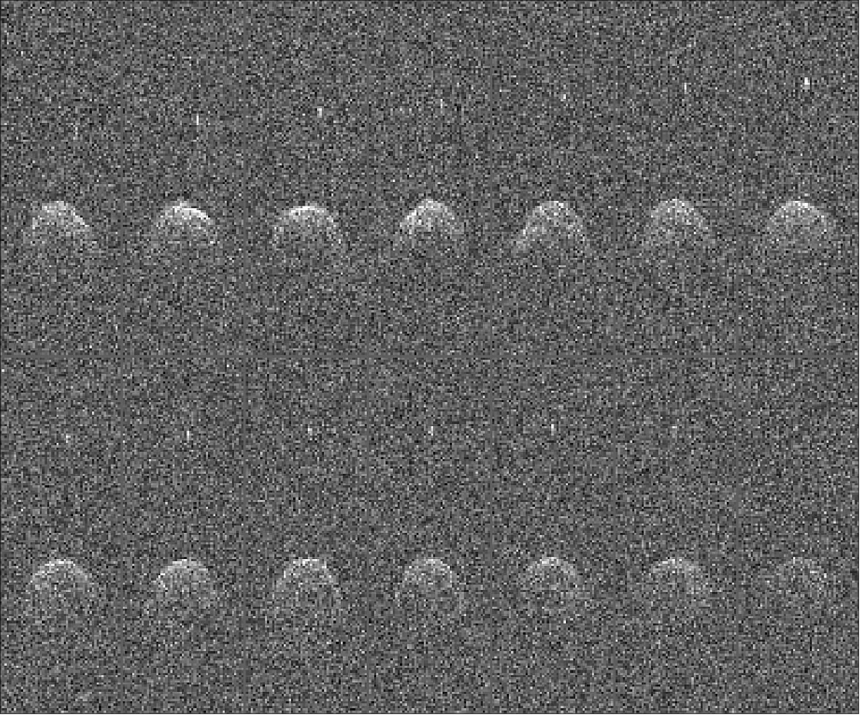 Figure 3: Fourteen sequential Arecibo radar images of the near-Earth asteroid (65803) Didymos and its moonlet, taken on 23, 24 and 26 November 2003. NASA’s planetary radar capabilities enable scientists to resolve shape, concavities, and possible large boulders on the surfaces of these small worlds. Photometric lightcurve data indicated that Didymos is a binary system, and radar imagery distinctly shows the secondary body (image credit: NASA) 10)