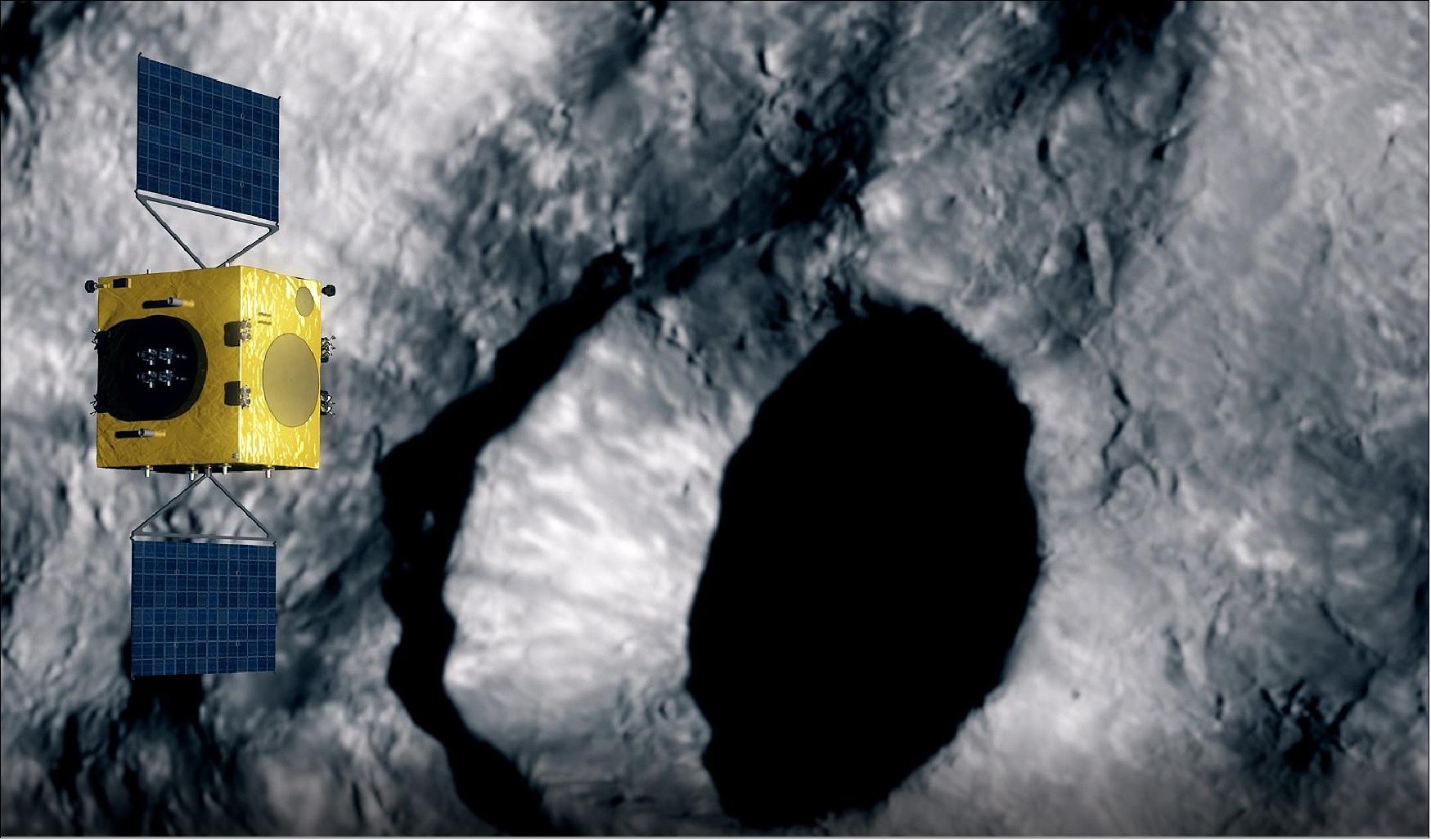 Figure 23: Hera surveying Didymos. ESA’s Hera mission concept, currently under study, would be humanity’s first mission to a binary asteroid: the 780 m-diameter Didymos is accompanied by a 160 m-diameter secondary body. Hera will study the aftermath of the impact caused by the NASA spacecraft DART on the smaller body (image credit: ESA–ScienceOffice.org)