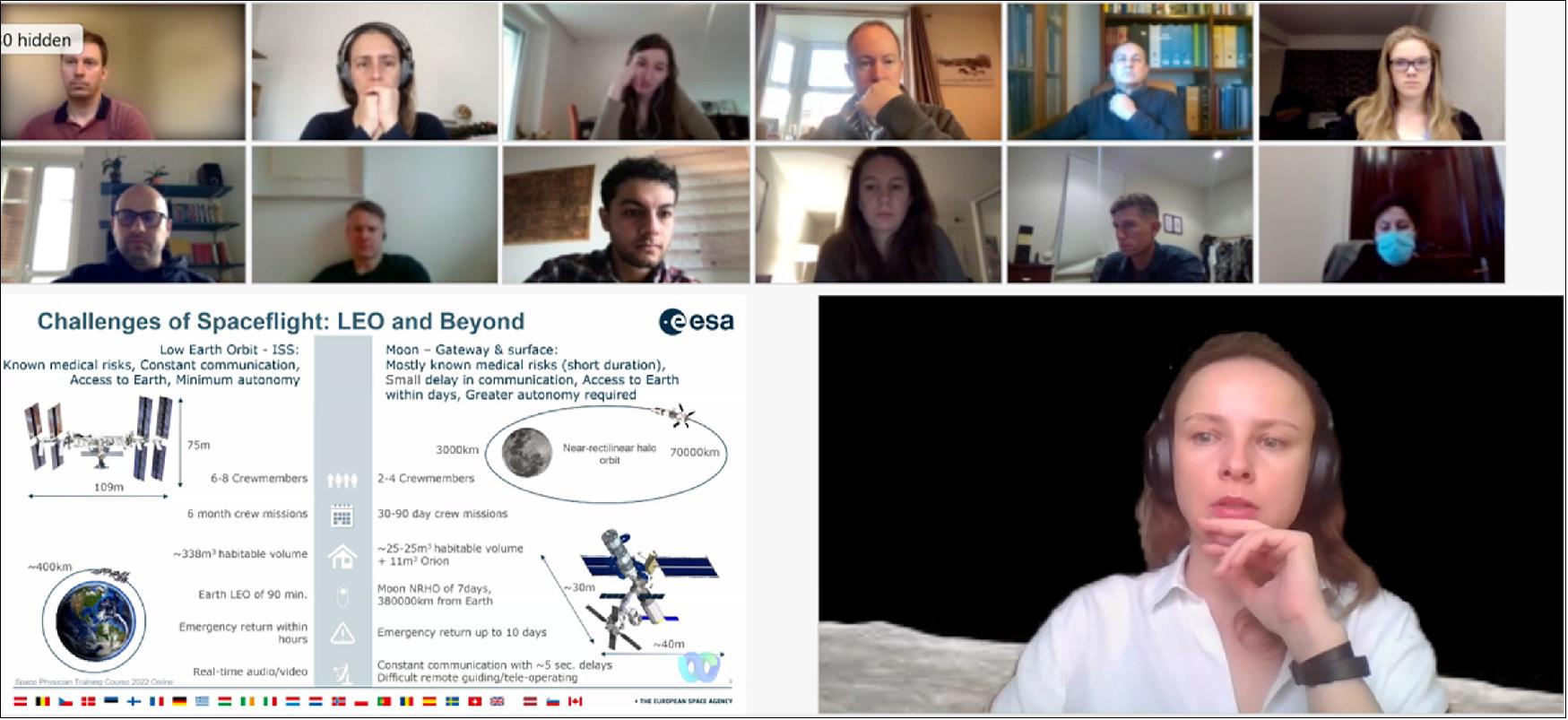 Figure 38: Crew exploration scientist for ESA, Anna Fogtman, gives a presentation on the challenges of spaceflight, low-Earth orbit and beyond during the 2022 Space Physicians Training Course. This course for medical doctors was held virtually, across two days (image credit: ESA)