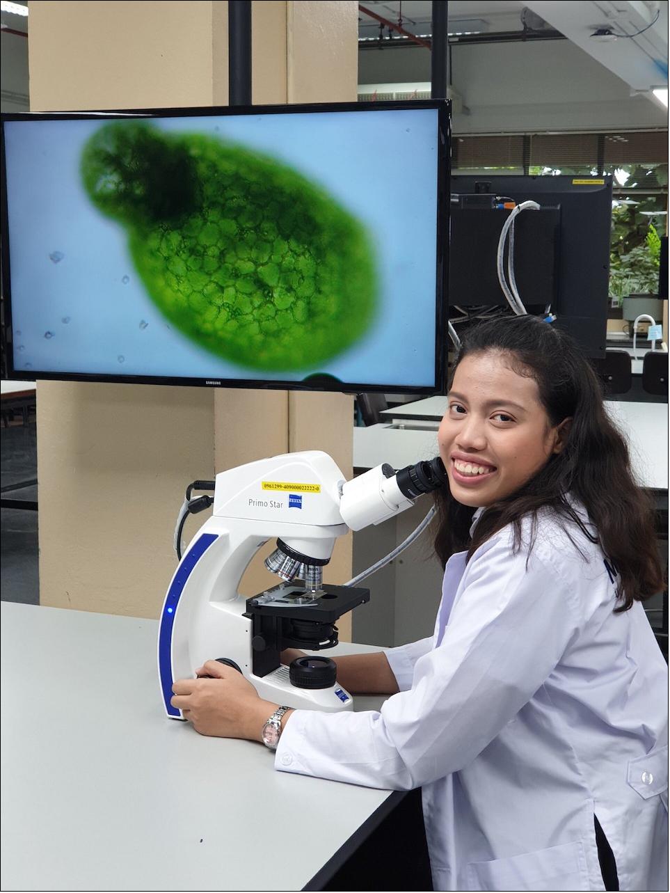 Figure 108: Studying tiny plant. Sutamas Satthong of Mahidol University studying watermeal under a microscope (image credit: ESA)