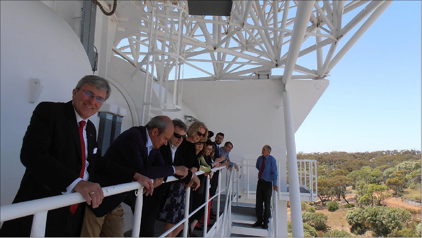 Figure 28: EU ambassadors to Australia were recently shown around ESA's New Norcia tracking station. Peering up from the Western Australian desert, two antennas have captured some of the Agency's most beloved missions (image credit: ESA/ G. Billig)