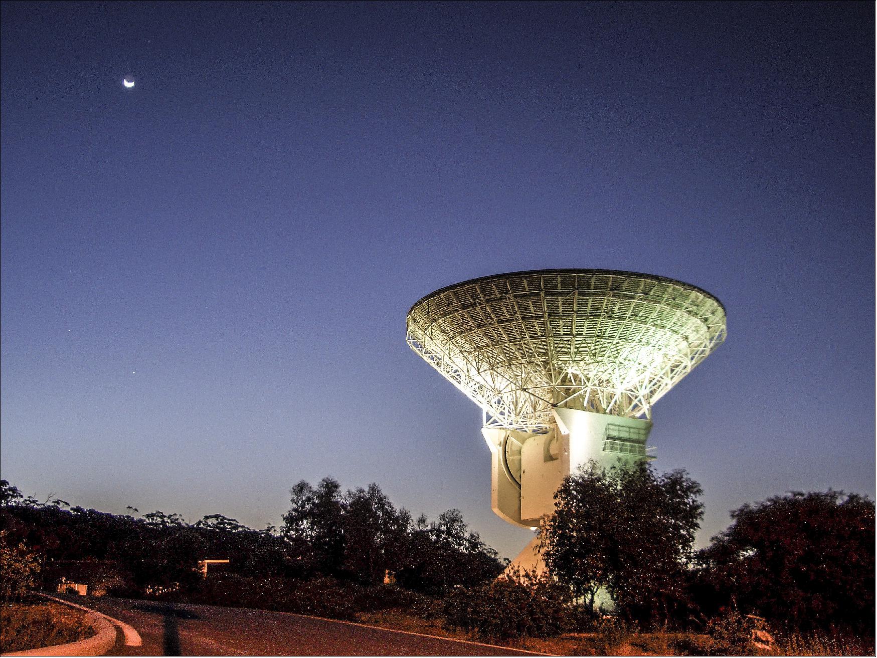Figure 20: ESA's New Norcia station, DSA-1 (Deep Space Antenna-1), hosts a 35 m-diameter parabolic antenna. DSA-1 communicates with deep-space missions, typically at ranges in excess of 2 million km. It is also capable of supporting the ultra-precise 'delta-DOR' (Delta-Differential One-Way Ranging) navigation technique (image credit: ESA/S. Marti) 16)