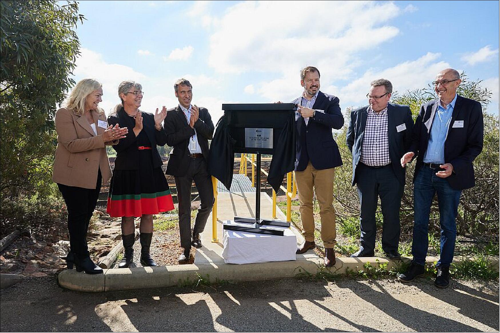 Figure 6: The plaque unveiling at ESA's ground station in New Norcia, Western Australia, officially kicked off construction on the new deep-space antenna (image credit: ESA)
