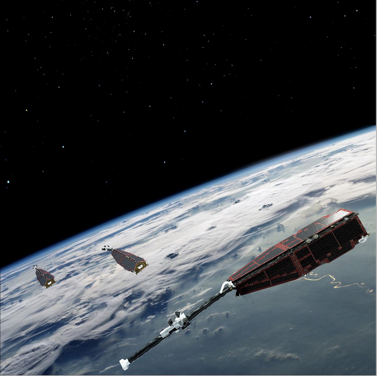 Figure 41: Swarm is ESA's first Earth observation constellation of satellites. The three identical satellites are launched together on one rocket. Two satellites orbit almost side-by-side at the same altitude – initially at about 460 km, descending to around 300 km over the lifetime of the mission. The third satellite is in a higher orbit of 530 km and at a slightly different inclination. The satellites’ orbits drift, resulting in the upper satellite crossing the path of the lower two at an angle of 90º in the third year of operations. -The different orbits along with satellites’ various instruments optimize the sampling in space and time, distinguishing between the effects of different sources and strengths of magnetism (image credit: ESA/AOES Medialab)