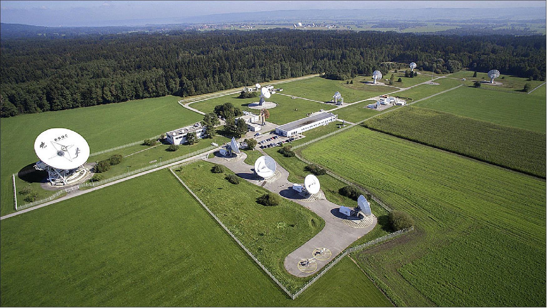 Figure 39: Photo of the DLR/GSOC ground station at the Weilheim site with a 30 m deep-space antenna at left. DLR is operating its ground station around the clock on a seven-day week. The ground station is connected with GSOC in Oberpfaffenhofen via a dedicated redundant communications link. GSOC coordinates the operation of all antennas and provides all TTC services and data processing for its satellite missions, including of leasing services to external customers (image credit: DLR/GSOC)