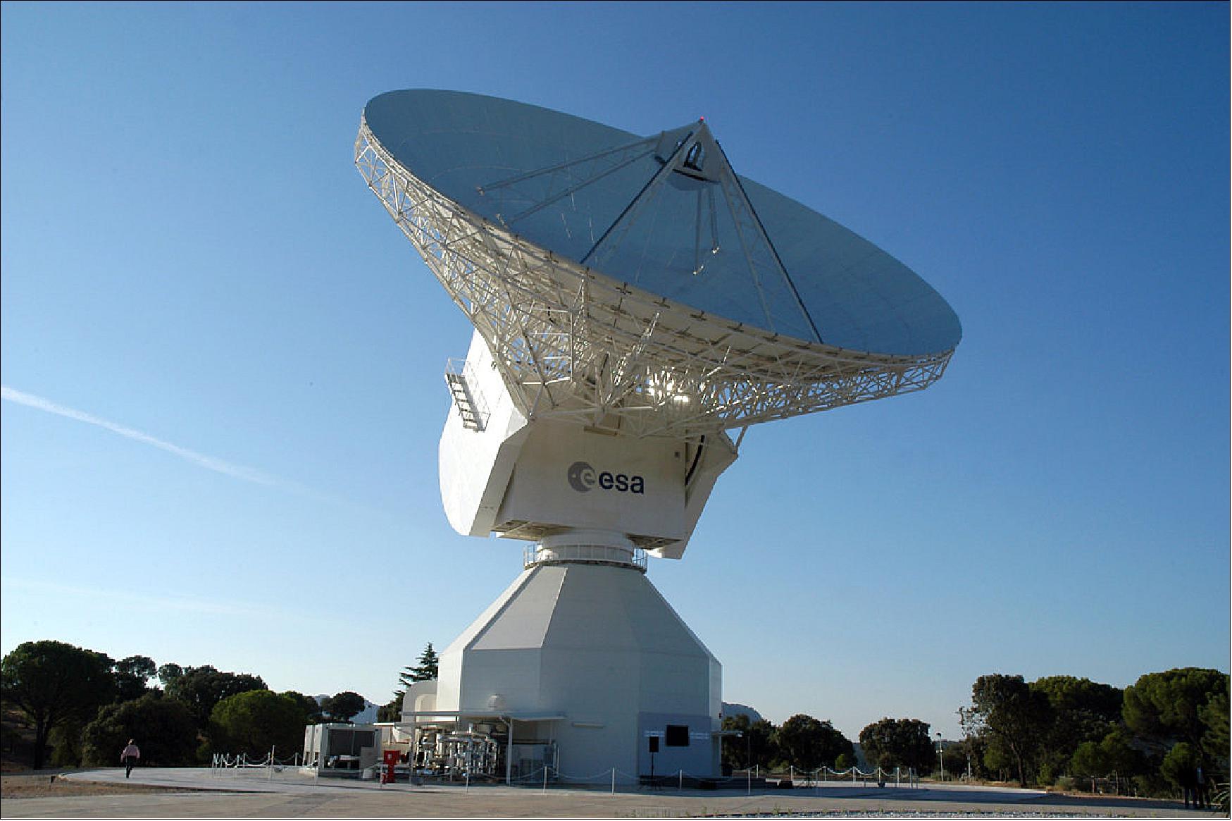 Figure 29: ESA's 35 m-diameter deep-space dish antenna, DSA-2, is located at Cebreros, near Avila, Spain. It is controlled, as part of the Estrack network, from ESOC (European Space Operations Center) in Darmstadt, Germany (image credit: ESA)