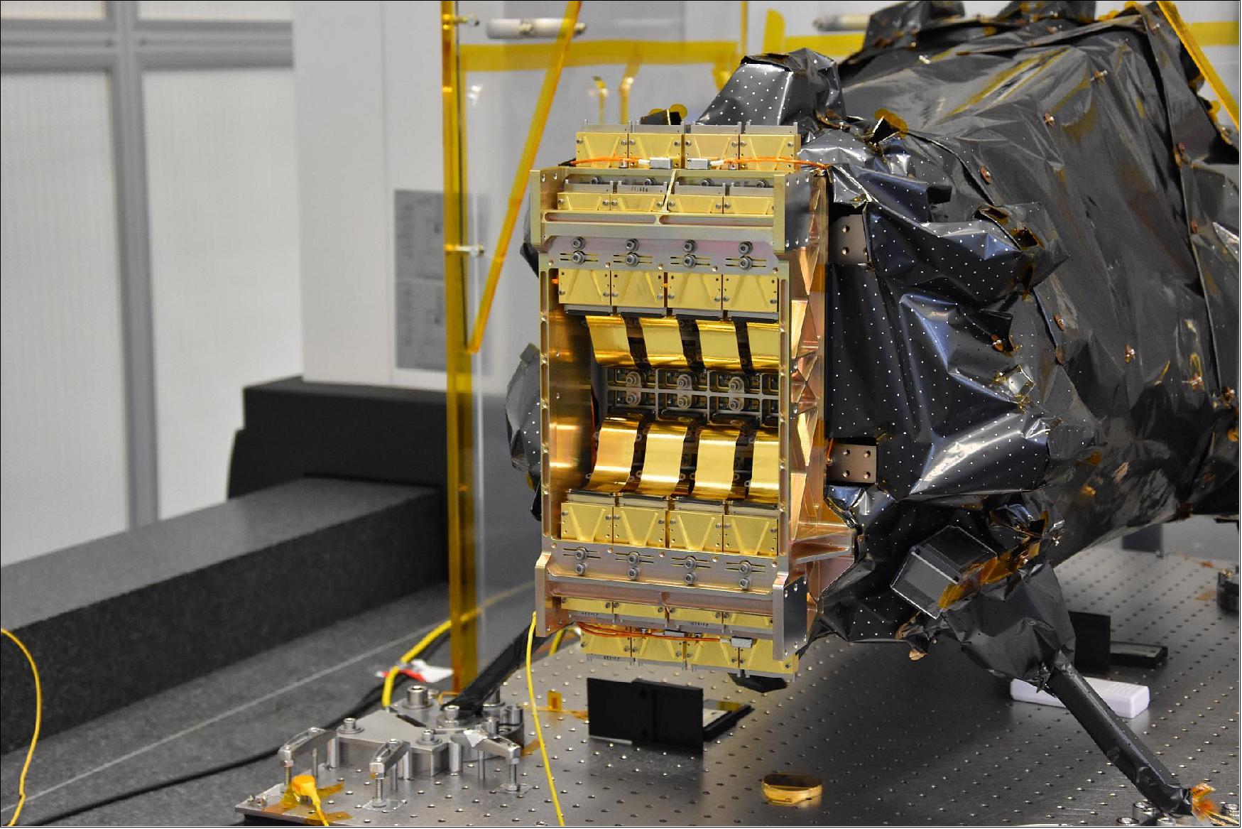 Figure 37: The cryogenic (cold) portion of the Euclid space telescope's NISP (Near Infrared Spectrometer and Photometer) instrument. NASA led the procurement and delivery of the detectors for the NISP instrument. The gold-coated hardware is the 16 sensor-chip electronics integrated with the infrared sensors (image credit: Euclid Consortium/CPPM/LAM)
