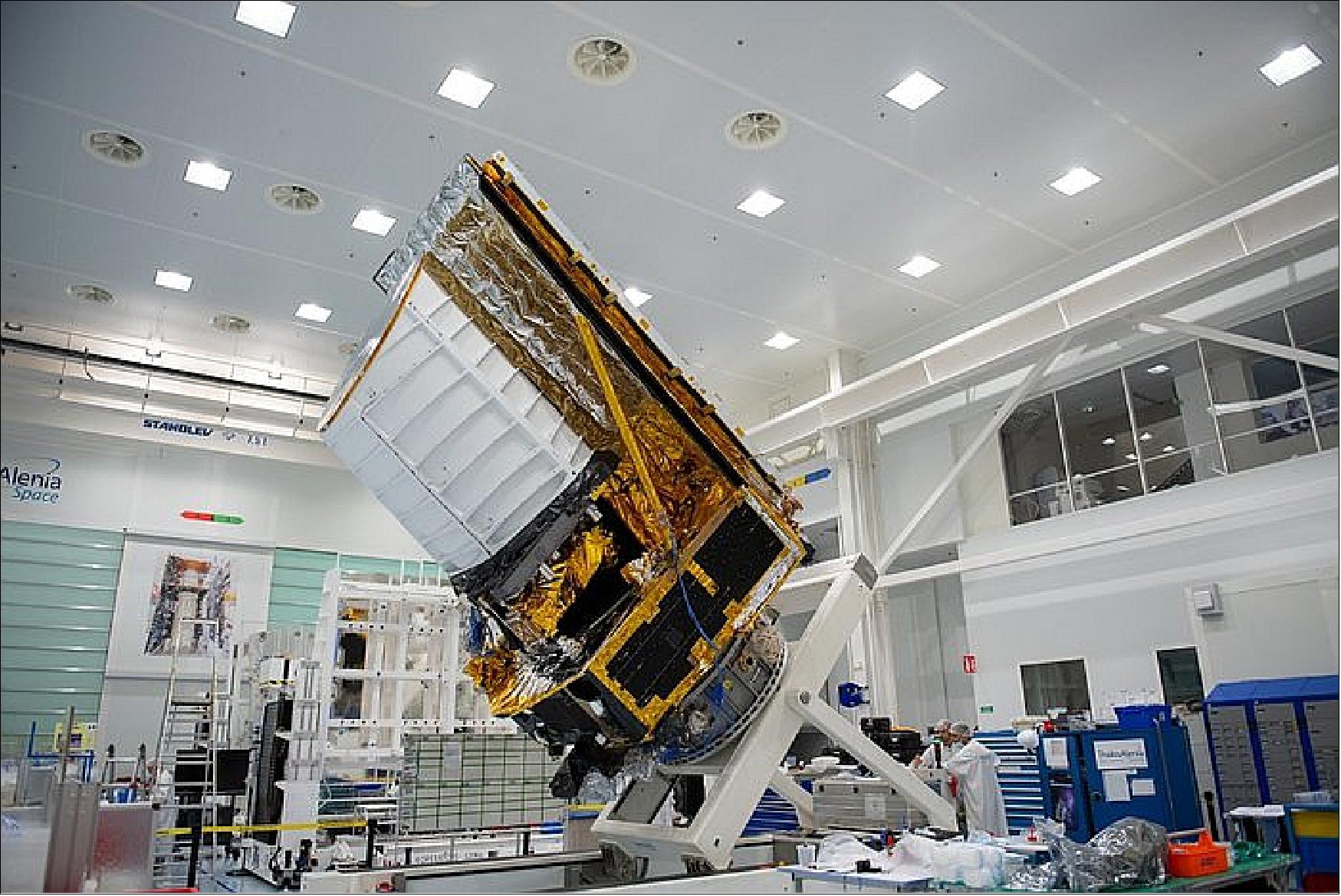 Figure 36: Structural and thermal model of the Euclid satellite. The structural and thermal model of the Euclid satellite recently completed its thermal qualification tests at Thales Alenia Space’s premises in Cannes, France. Integrated in near-flight configuration, including the payload and service modules, the satellite model is ready to undergo mechanical vibration tests in coming weeks (image credit: ESA, S. Corvaja)