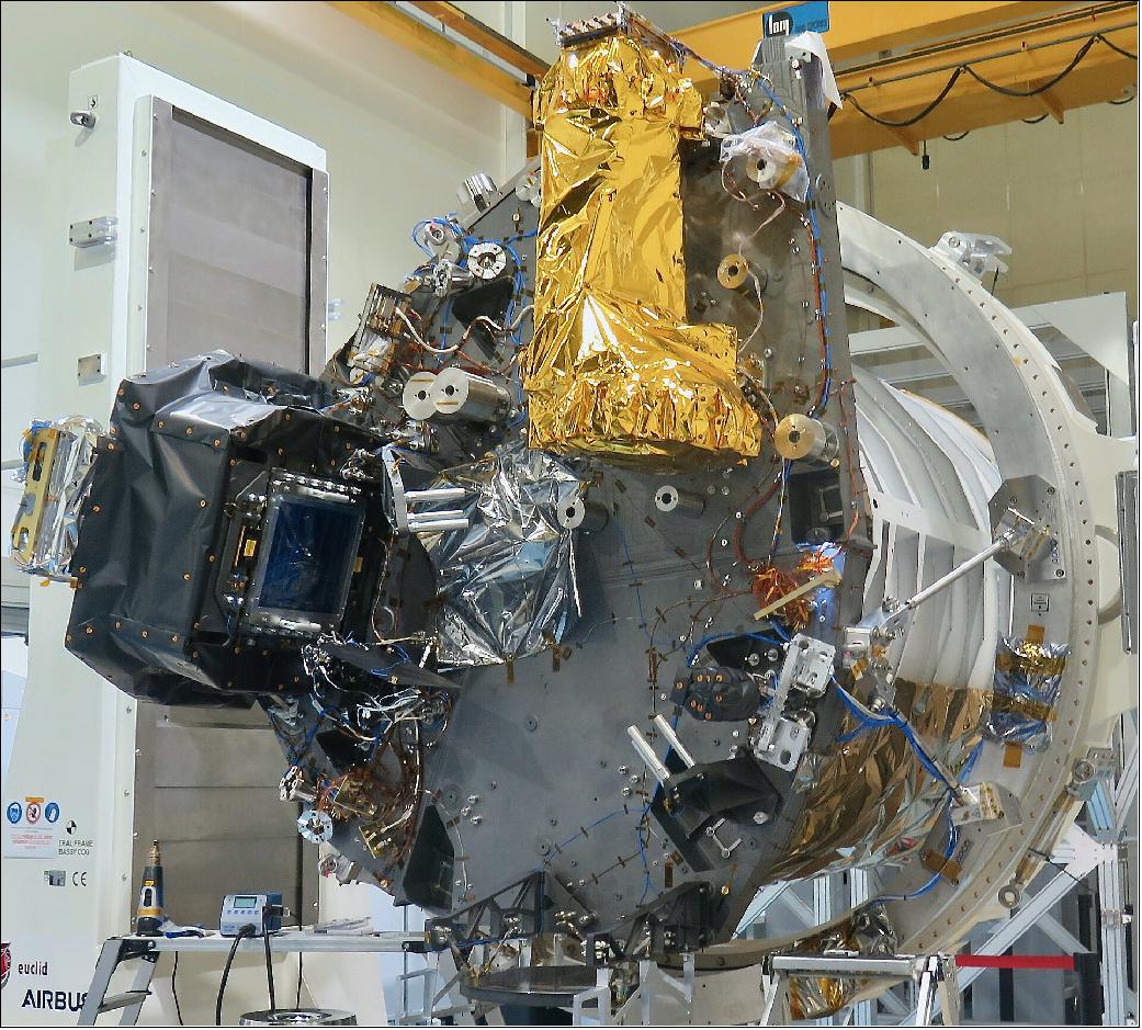 Figure 31: The Structural and Thermal Model of ESA’s Euclid mission’s payload module seen in the clean room, with part of the VIS (covered in black Multi-Layer Insulation, or MLI) and NISP (covered in gold MLI) instruments installed (image credit: Airbus)
