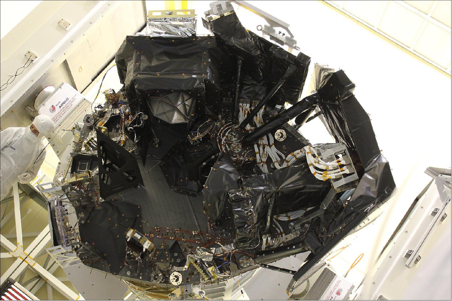 Figure 28: This image shows Euclid’s payload module, which consists of a silicon baseplate supporting the telescope and two instruments. The visual imager is visible towards the top, which, with more than 600 mega pixels, will be one of the biggest cameras in space. The near-infrared spectrometer and photometer is to the right. The telescope's primary and secondary mirrors are hidden from view and inside the white baffle with gold multi-layer insulation, underneath the baseplate in this orientation (image credit: Airbus Defence and Space - Toulouse)