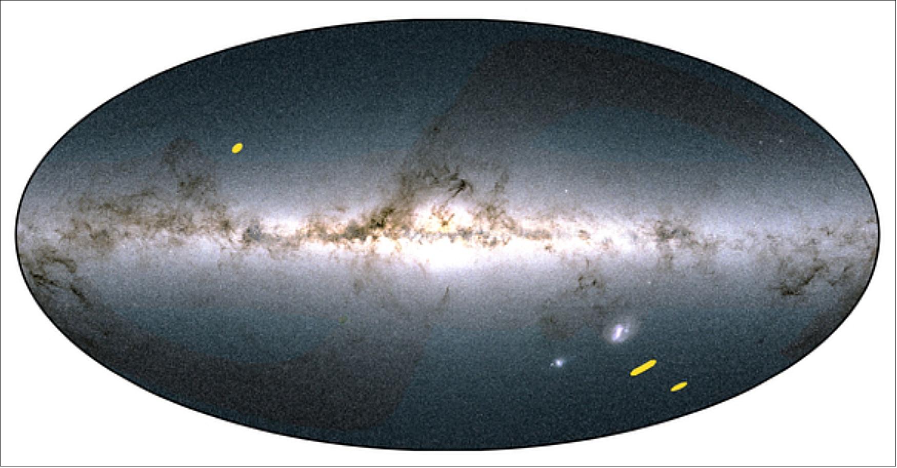 Figure 6: The location of the three Euclid Deep Fields on an all-sky map based on data from ESA's Gaia mission. The sky is shown in the Galactic coordinate system, with the bright horizontal band corresponding to the plane of our Milky Way galaxy, where most of its stars reside (image credit: ESA/Gaia/DPAC; Euclid Consortium. Acknowledgment: Euclid Consortium Survey Group)