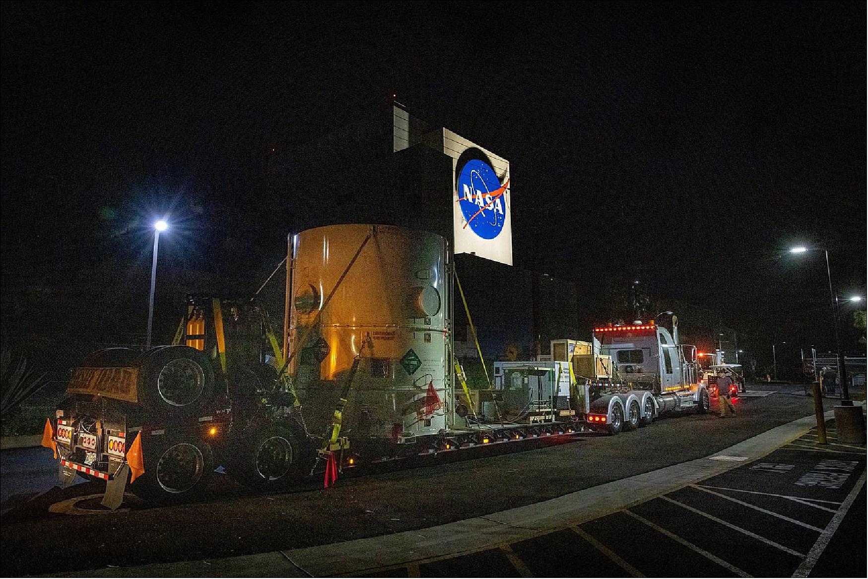 Figure 8: The main body of NASA's Europa Clipper spacecraft is seen in its shipping container as it rolls into the agency's Jet Propulsion Laboratory in Southern California (image credit: NASA/JPL-Caltech/Johns Hopkins APL/Ed Whitman)