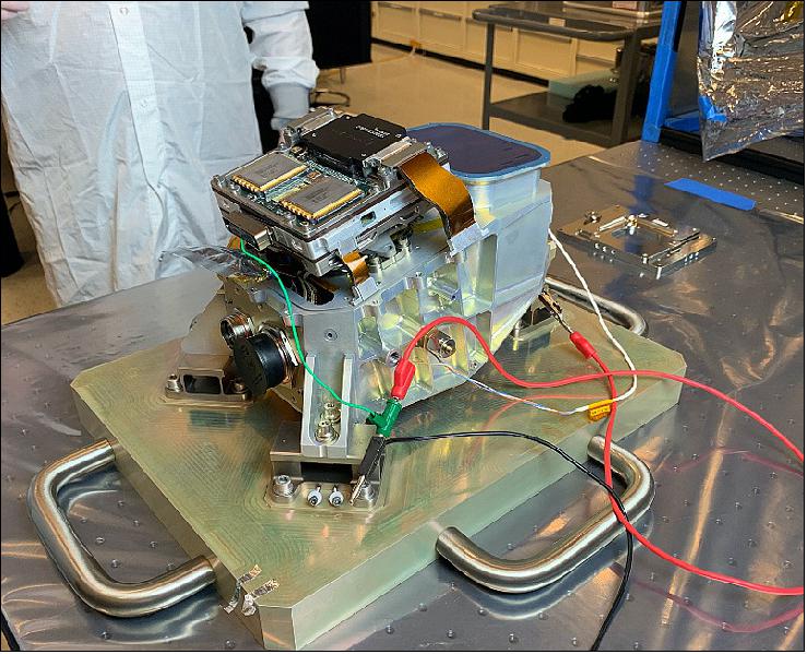 Figure 20: The flight model of Europa Clipper's thermal camera is shown during a fit-check, in which technicians ensure the instrument's various components fit together properly (image credit: NASA/ASU)