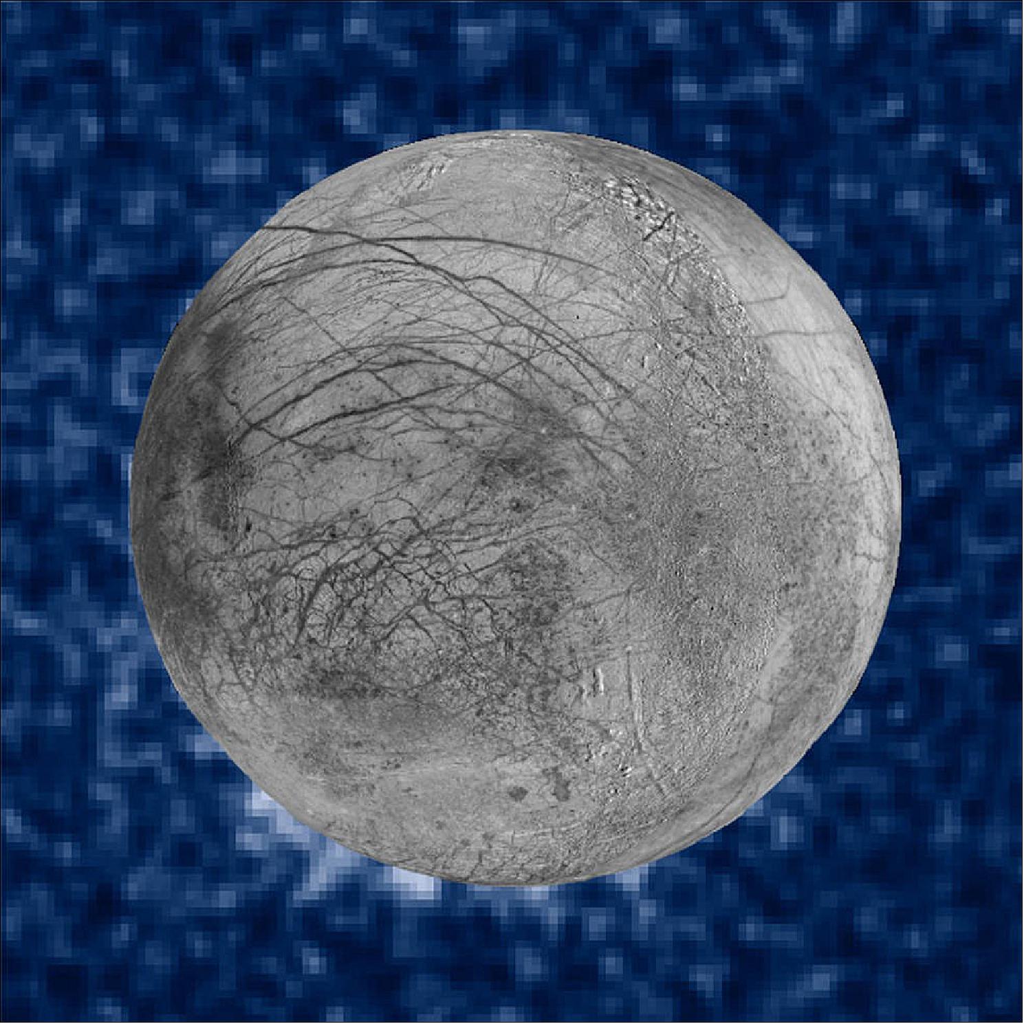 Figure 14: This composite image shows suspected plumes of water vapor erupting at the 7 o'clock position off the limb of Jupiter's moon Europa. The plumes, photographed by NASA's Hubble Space Telescope Imaging Spectrograph, were seen in silhouette as the moon passed in front of Jupiter. The Hubble data were gathered on January 26, 2014. The image of Europa, superimposed on the Hubble data, is assembled from data from the Galileo and Voyager missions (image credits: NASA/ESA/W. Sparks (STScI)/USGS Astrogeology Science Center)