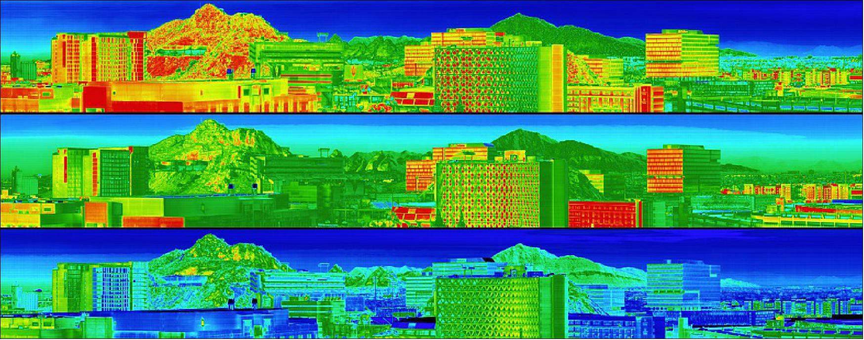 Figure 12: E-THEMIS temperature color image from the "first light" test, taken from the rooftop of ISTB4 on the ASU Tempe Campus. The top image was acquired at 12:40 p.m., the middle at 4:40 p.m. and the bottom image at 6:20 p.m. (after sunset). Temperatures are approximations during this testing phase (image credit: NASA/JPL-Caltech/ASU)