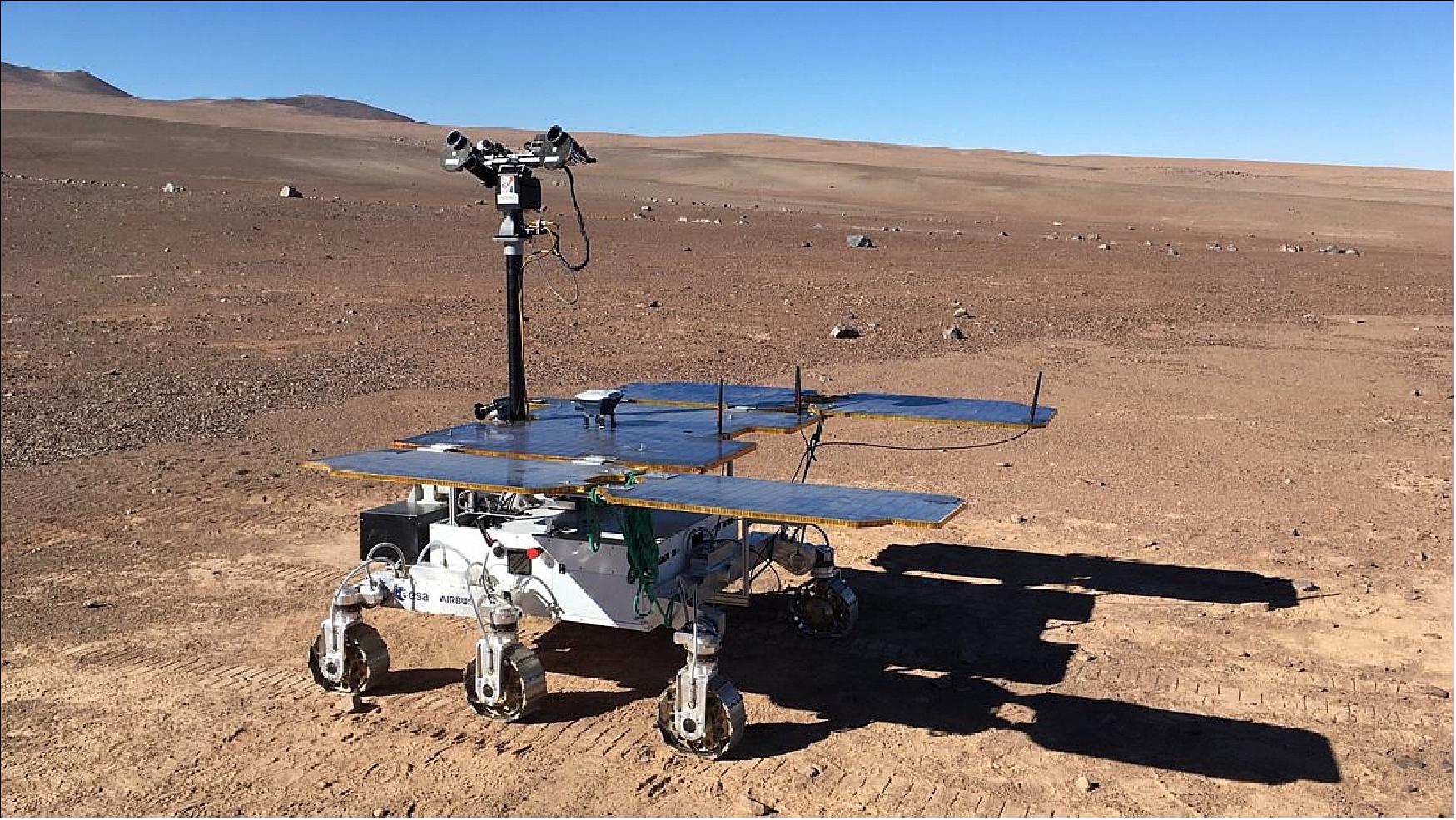 Figure 76: The ExoFit model of the Rosalind Franklin rover that will be sent to Mars in 2021 scouting the Atacama Desert, in Chile, following commands from mission control in the United Kingdom, over 11,000 km away. The ExoFiT field campaign simulates ExoMars operations in every key aspect. During the trial, the rover drove from its landing platform and targets sites of interest to sample rocks in the Mars-like landscapes of the Chilean desert (image credit: Airbus).