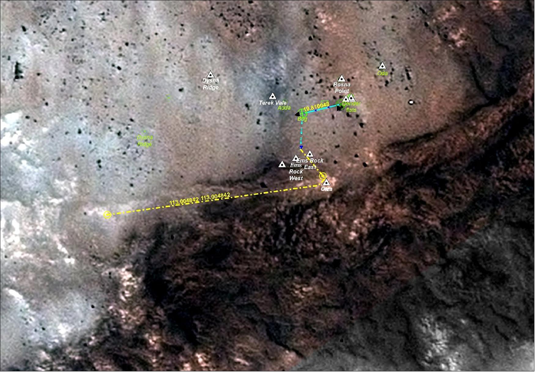 Figure 75: The path taken by the ExoFit model during a campaign at the Atacama Desert, in Chile – following commands from mission control in the United Kingdom, over 11,000 km away. The ExoFiT field campaign simulates ExoMars operations in every key aspect. During the trial, the rover drove from its landing platform and targets sites of interest to sample rocks in the Mars-like landscapes of the Chilean desert. The team behind the exercise, a mix of scientists and engineers, is simulating all the challenges of a real mission on the Red Planet, including communication delays, local weather conditions and tight deadlines. The rover is equipped with a set of cameras and proxy instruments, such as a radar, a spectrometer and a drill, to replicate martian operations. Scientists in the UK must take decisions on the next steps with the little information they have – a combination of the data transmitted by the rover and satellite images of the terrain. The ExoFiT teams in the UK set the exploration path and activities for the rover, which travels at a speed of 2 cm/s avoiding rocks and overcoming slopes (image credit: ESA/Airbus)