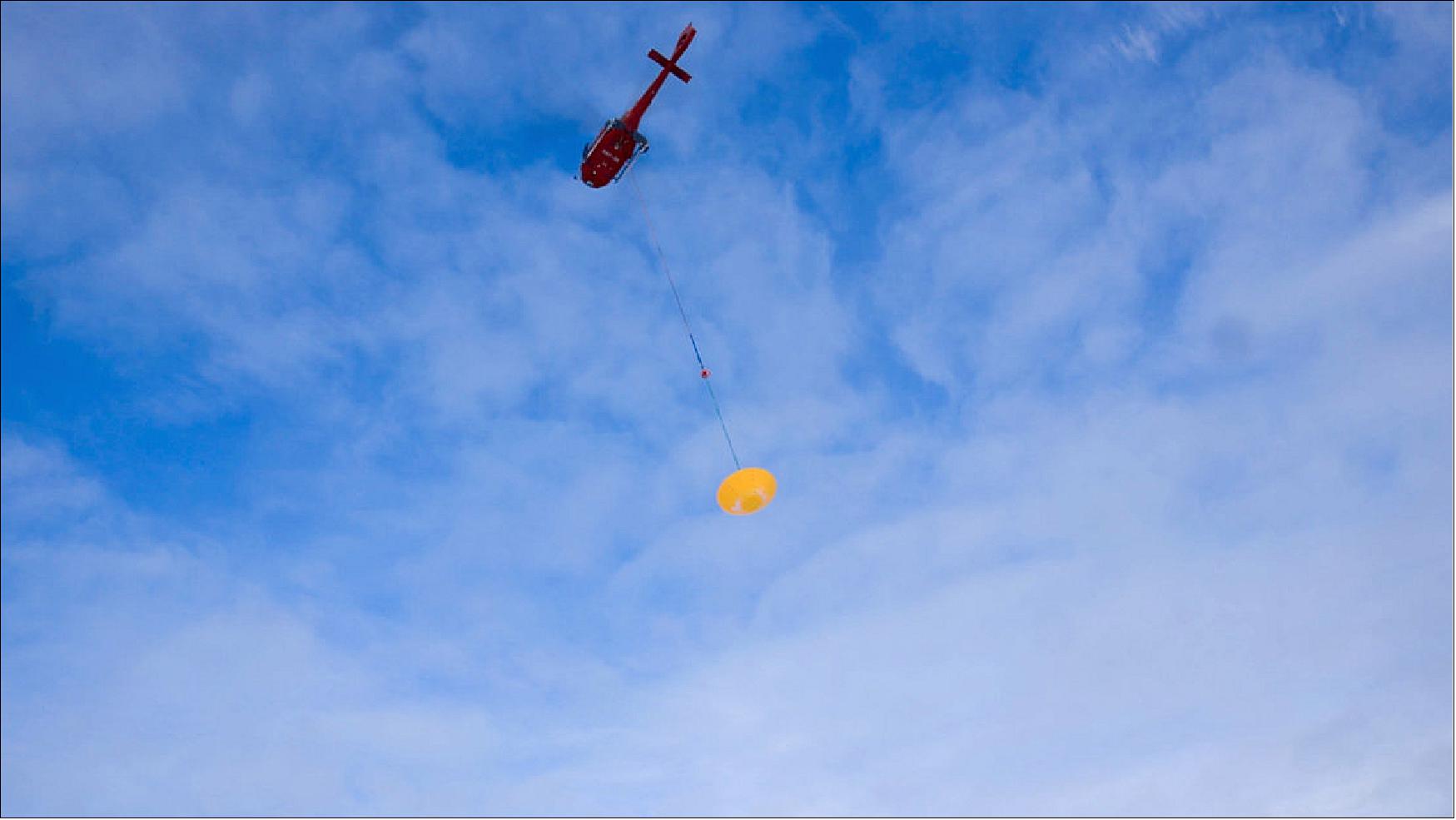 Figure 92: A helicopter carries a drop test vehicle to an altitude of 1.2 km before releasing it to monitor the deployment of the second stage main parachute, as part of a series of tests to prepare for the upcoming ExoMars mission (image credit: ESA/I. Barel)