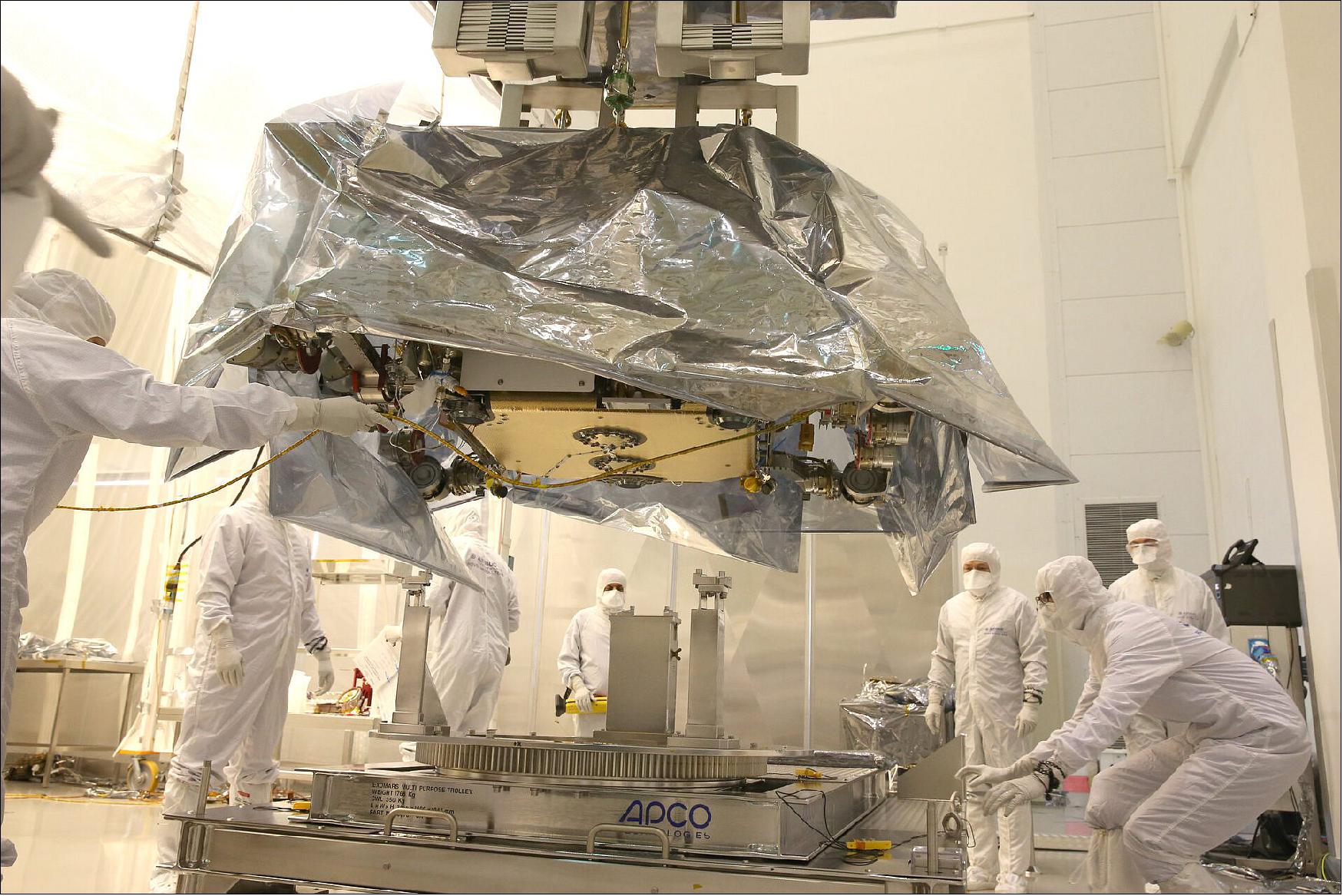 Figure 45: Photo of the Rosalind Franklin ExoMars rover after completing environmental and vacuum testing in Toulouse, France. The rover was tested in a clean room to withstand conditions similar to those on Mars. The vehicle left the Thales Alenia Space facilities in Toulouse on 11 February 2020 en route to Cannes, where it will be integrated with the carrier and descent modules, and it will undergo months of intense testing to confirm it is compatible with the mission operations and the martian environment (image credit: Airbus)
