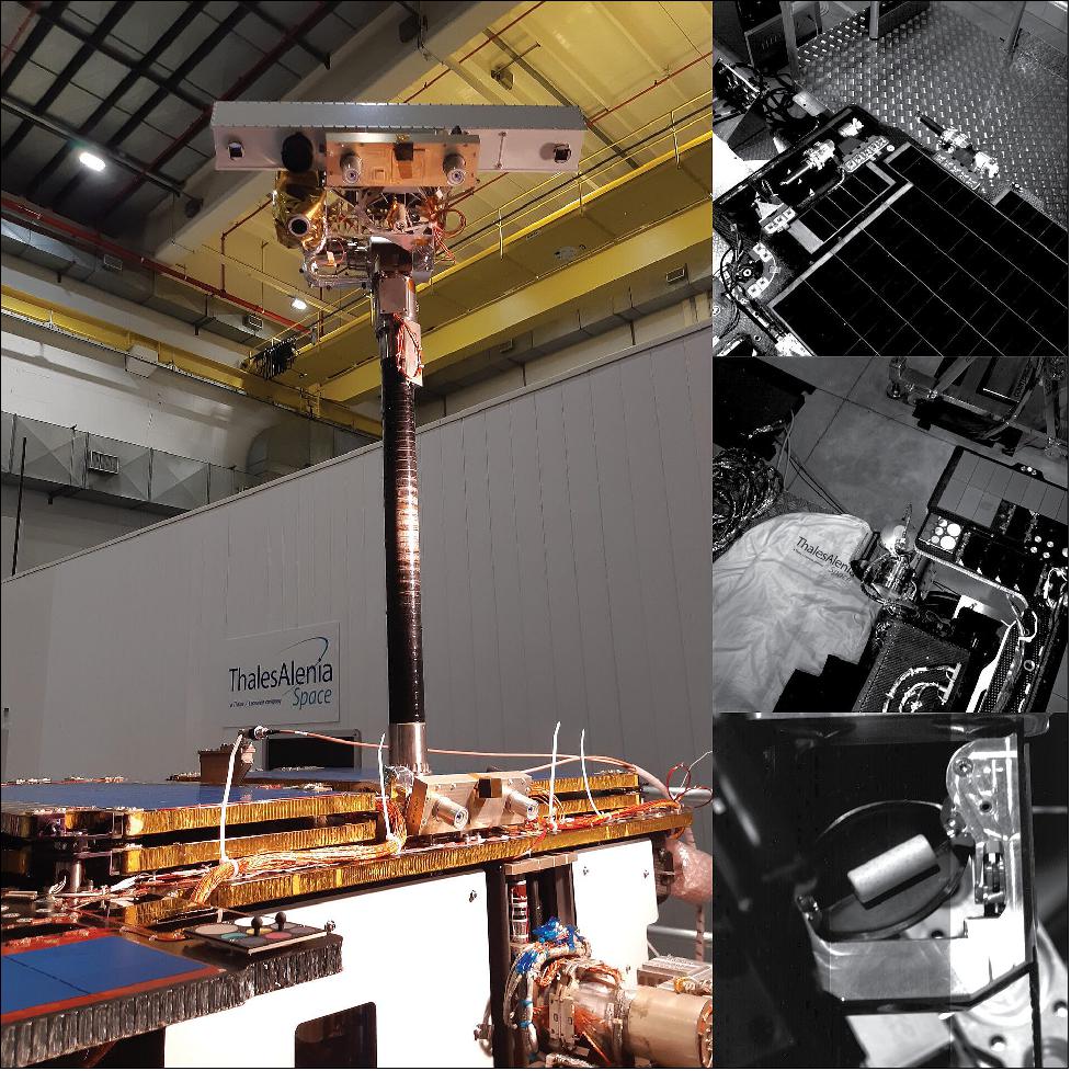 Figure 34: As part of a recent system verification test, the camera suite onboard the replica ExoMars rover was commanded to capture images via the Rover Operations Control Centre. PanCam, the instrument containing the rover's scientific eyes, sits about 2 m above surface level, and will provide panoramic views of the martian landscape around the rover with two Wide Angle Cameras, along with High Resolution Camera images of the surface. The High Resolution Camera can also, along with CLUPI, image samples collected by the rover’s unique drill, before they enter into the onboard laboratory. An example of an image of a ‘dummy’ sample on the rover’s sample tray is shown in the bottom inset image. - Towards the front of the rover in the main view, in the direction in which the rover is ‘looking’, is the PanCam calibration target, which will play an essential role in calibrating color images and data from the infrared spectrometer (ISEM). This calibration target is also seen close to the centre of the middle inset image, from the perspective of the rover cameras. - Three fiducial markers located around the rover deck, forming two right angled triangles, will allow in situ geometric calibration and triangulation to get 3D shapes right. One of these markers can be just made out in the top inset image on the very edge of the rover.- The black and white images shown here from the High Resolution Camera are not fully representative of the flight model – the ‘real’ rover has a different filter and focus mechanism – but were taken as part of the first test campaign using commands directly from the operations centre (image credit: Rover image: Thales Alenia Space; PanCam WAC and HRC images courtesy ESA/ExoMars/PanCam team)