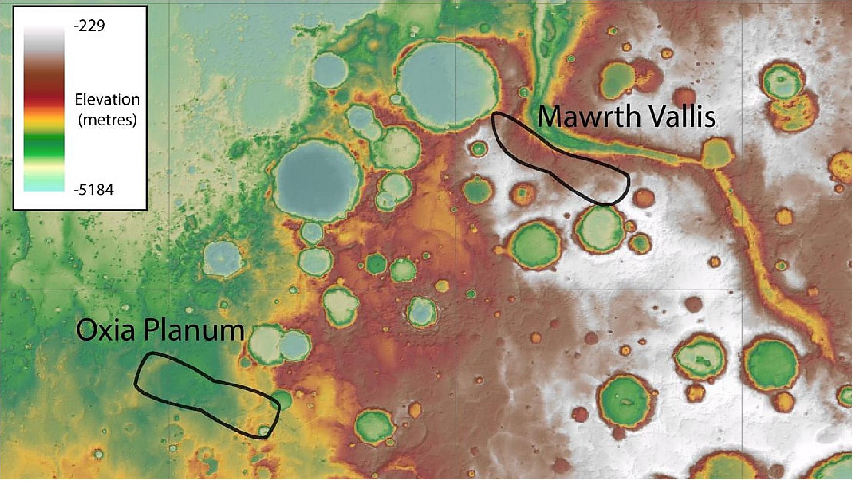 Figure 85: The two candidates for the landing site of the ESA-Roscosmos rover and surface science platform. The study area of each landing site is indicated by the black outline; the shape corresponds to the different landing ellipses defined by factors such as different launch dates within the launch window and, in the case of Mawrth Vallis, local topography constraints resulting in different landing ellipse centers depending on the launch date. The map is color-coded corresponding to elevation: whites and reds are higher than yellows and greens. The data was obtained by the Mars Orbiter Laser Altimeter onboard NASA’s Mars Global Surveyor (image credit: NASA/JPL)