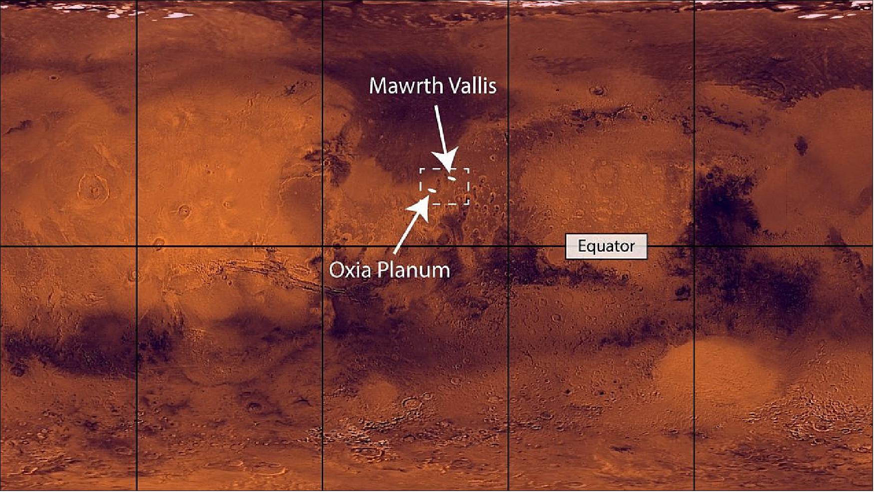 Figure 84: The two candidates for the landing site of the ESA-Roscosmos rover and surface science platform that will launch to the Red Planet in 2020. Both landing site candidates – Oxia Planum and Mawrth Vallis – preserve a rich record of geological history from the planet’s wetter past billions of years ago. They lie just north of the equator, separated by a few hundred kilometers, in a region with many channels cutting through from the southern highlands to the northern lowlands. -The background used in this image is from NASA’s Viking orbiters (image credit: NASA/JPL/USGS)