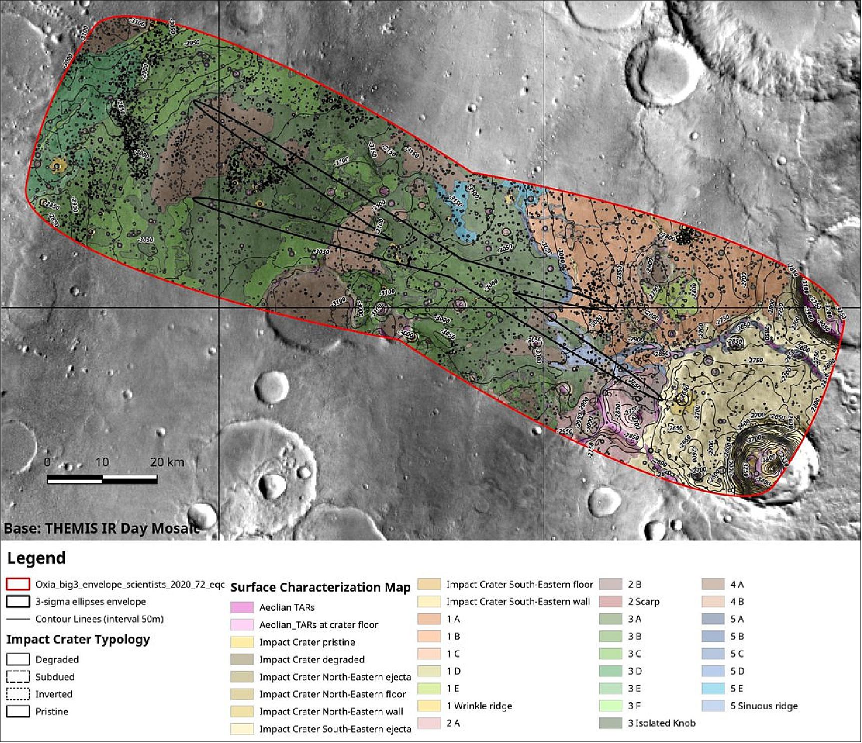 Figure 82: One example of how the Oxia Planum landing site candidate for the ExoMars 2020 mission is being analyzed. The map outlines a boundary that encapsulates the range of possible landing ellipses, with some added margin. The colors represent the variety of surface terrains identified, including plains, channels, impact craters and wind-blown features, for example. It is not a geological map intended for scientific analysis, but rather a tool used to identify different surface textures and where potential hazards may lie (image credit: IRSPS/TAS; NASA/JPL-Caltech/Arizona State University)